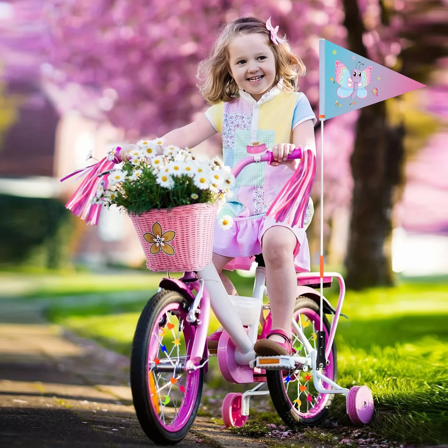 YYSWSAKY Akcesoria rowerowe dla dzieci, 3 bezpieczne flagi rowerowe dla dzieci z uchwytem mocującym, 36 kolorowych odblasków na szprychy, rower dla dzieci, 1 para różowych frędzli na kierownicę