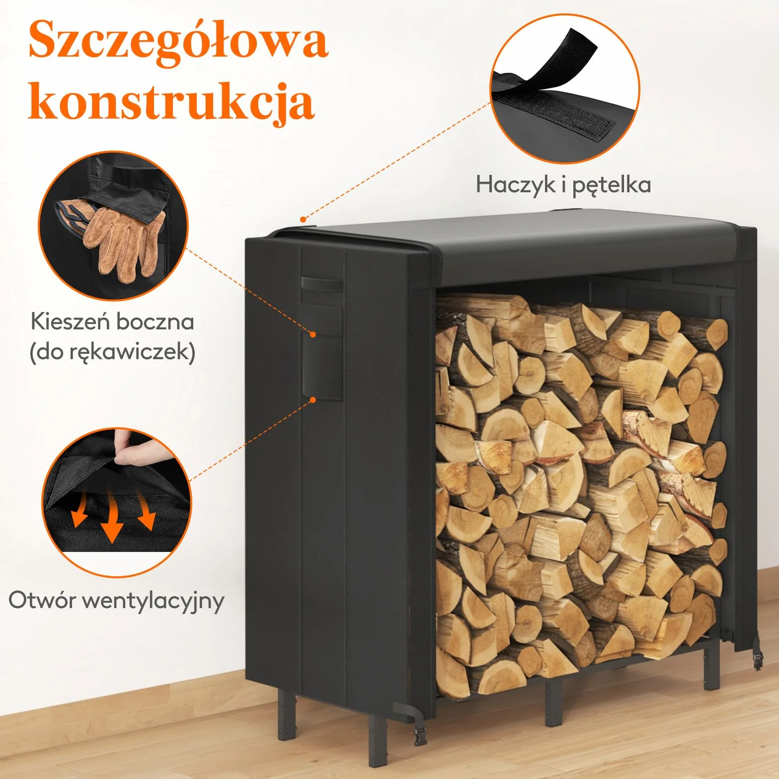 Lifewhite Drewniane Pudełko do Przechowywania Wewnątrz, 122 × 58,5 × 122 cm Drewna Opałowego na Zewnątrz z Wodoodporną Pokrywą Boczna Kieszeń do Wnętrz i na Zewnątrz, Czarna