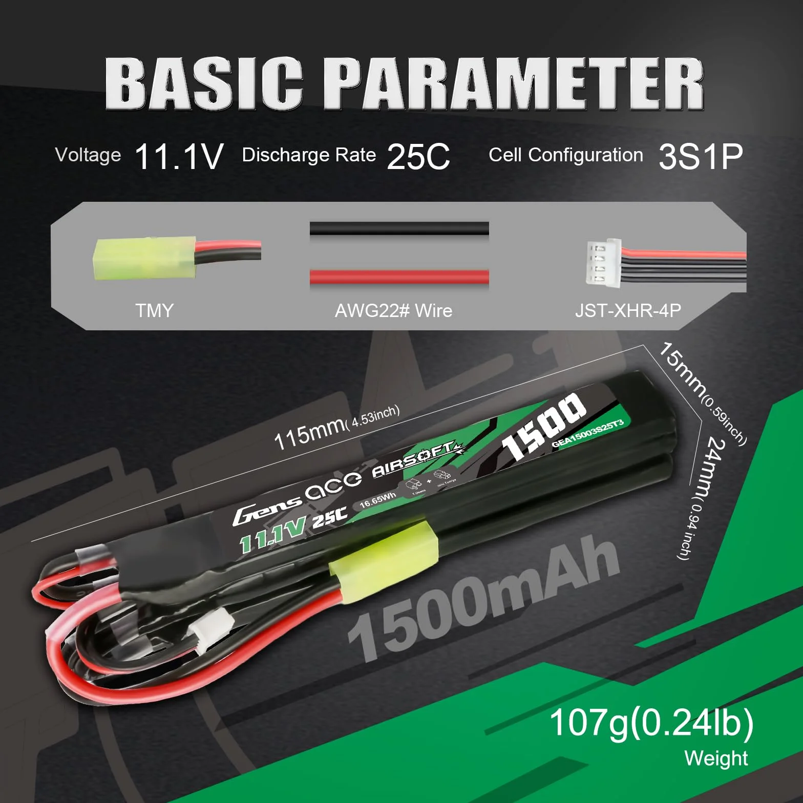 Gens Ace Bateria LiPo 11,1 V 1500 mAh 25C 3S1P do Airsoft AEG