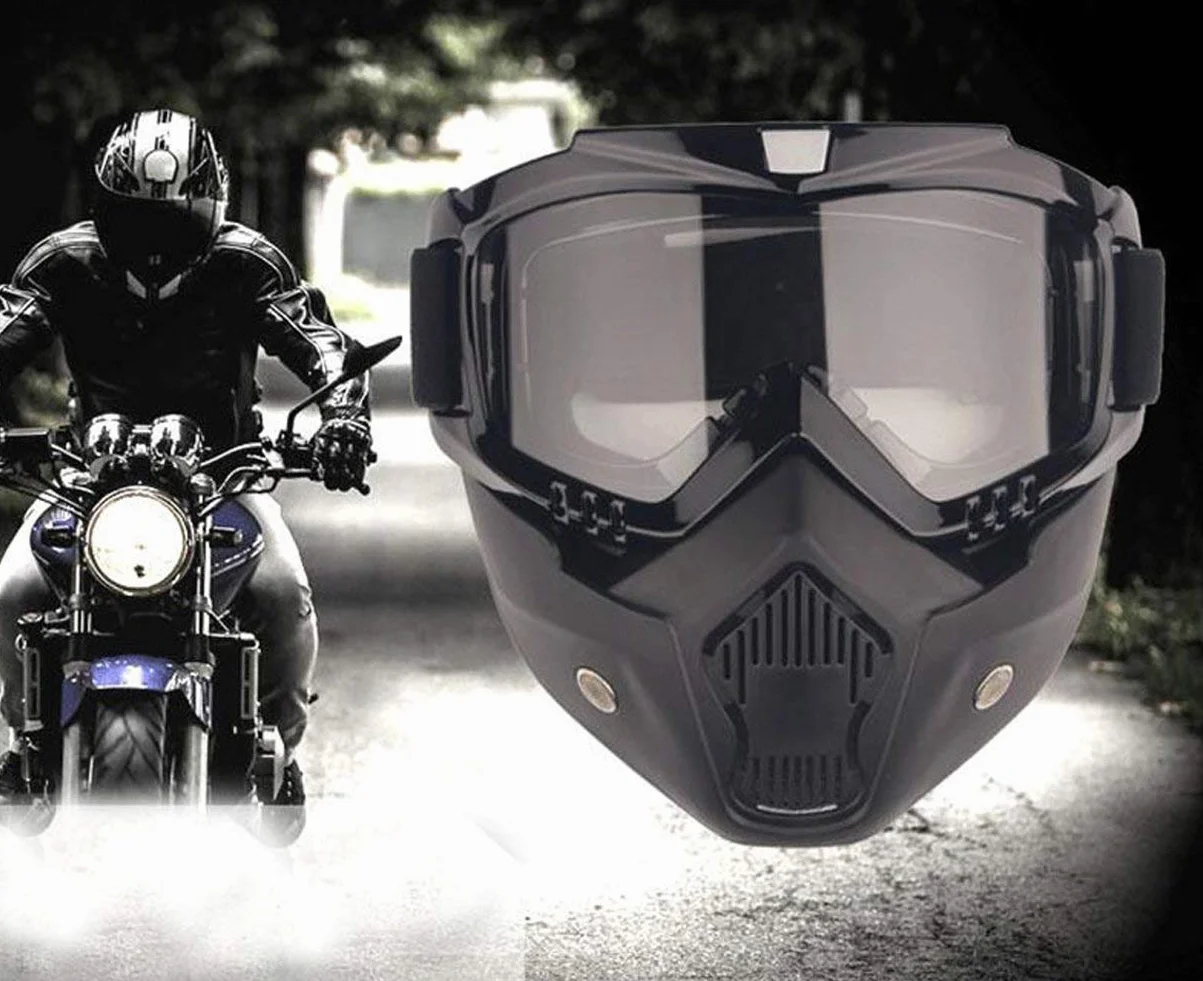 Maska motocyklowa z zdejmowaną maską do kasków vintage czarne ramki szare soczewki