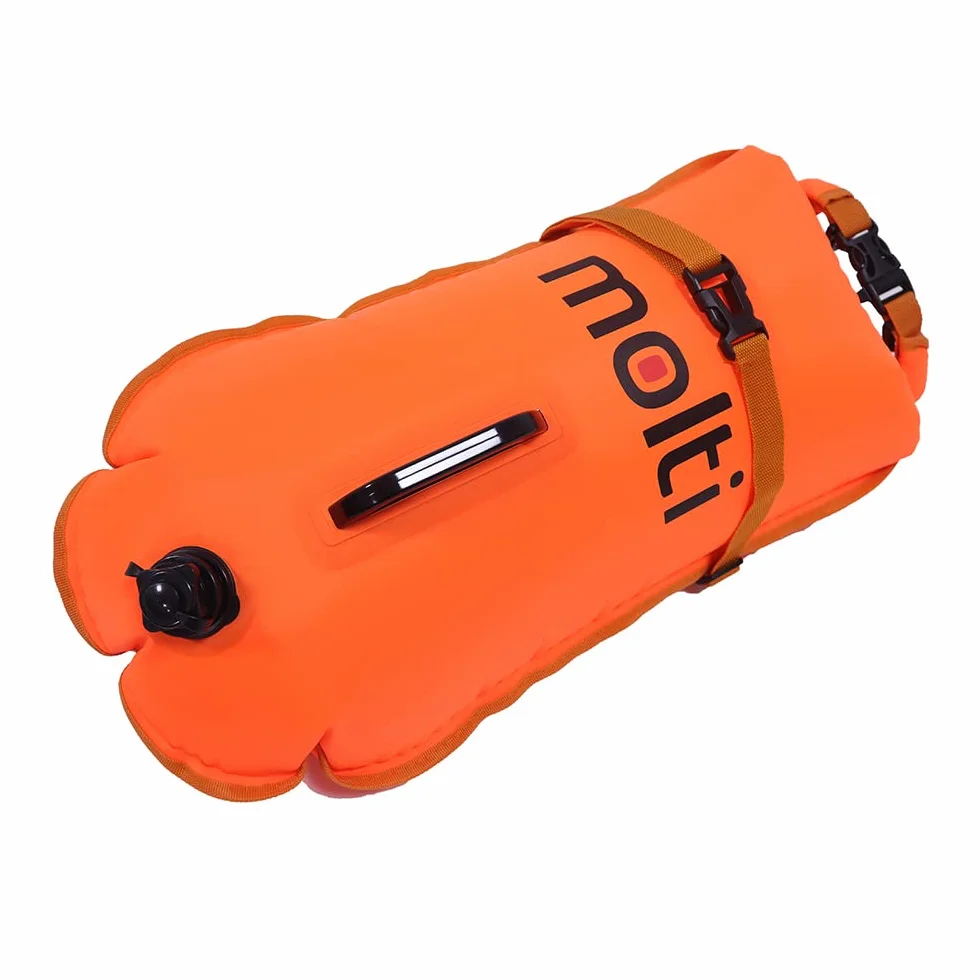molti 2 w 1 nadmuchiwana boja do pływania i worek na sucho, 15 l, 28 l, boja dla dorosłych, Baywatch Boja z gwizdkiem alarmowym i pokrowcem na telefon komórkowy, kolor pomarańczowy, bezpieczeństwo