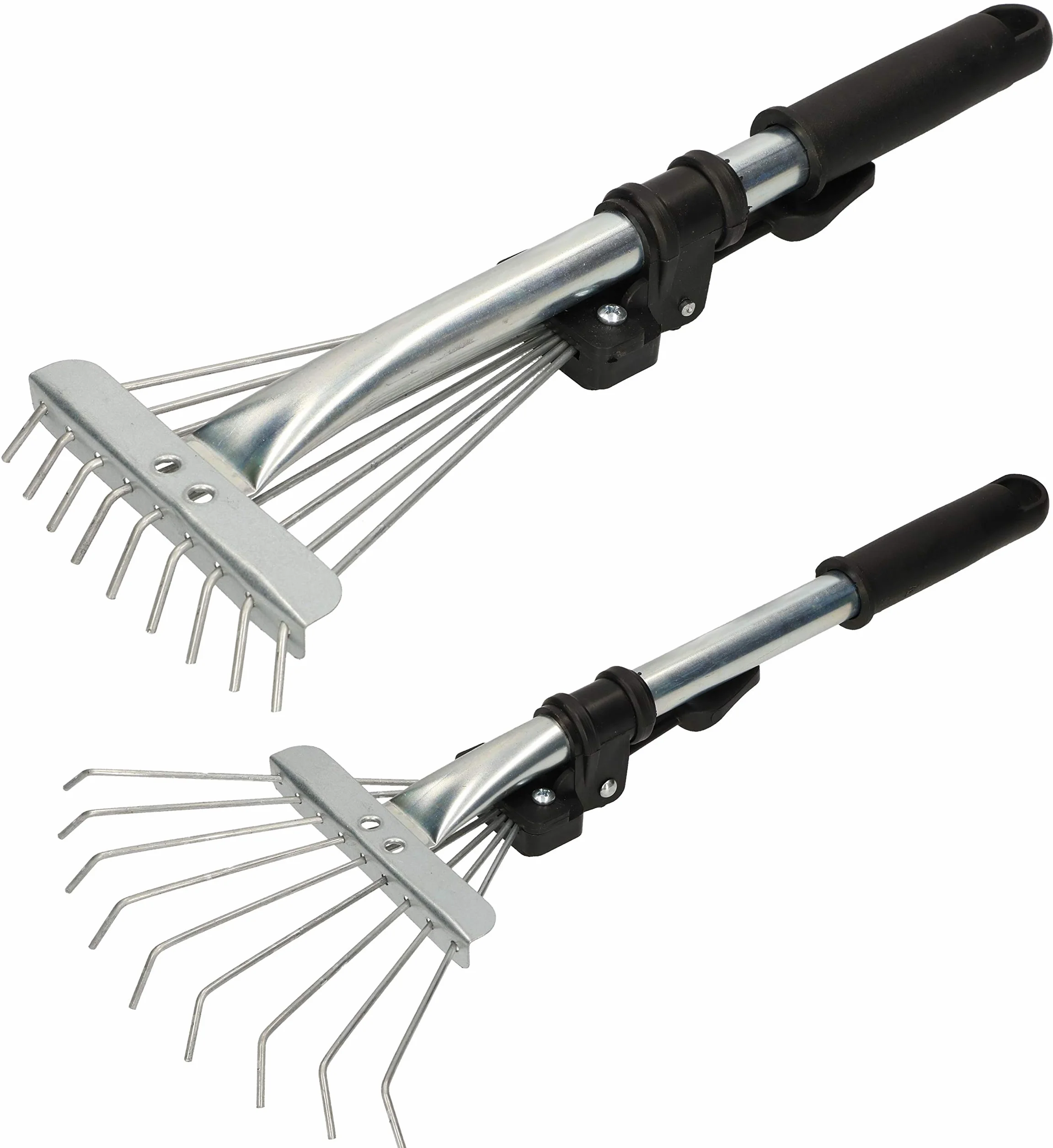 KOTARBAU® Grabki Wachlarzowe Regulowane - 20 cm - Mini Grabie - Małe Grabki Do Rabat - 9 Zębów - Metalowe - Srebrne - Aluminiowy Trzonek Teleskopowy - 2,5-10 cm