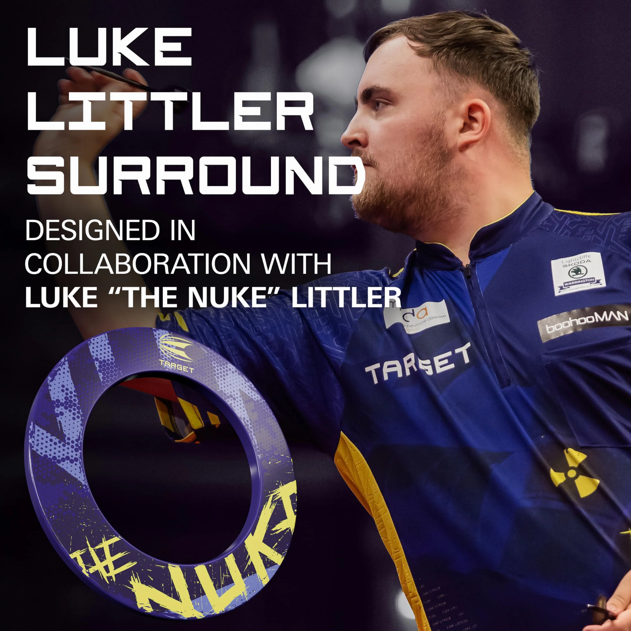 Target Darts Luke Littler Dartboard Surround | The Nuke Dart Board Protector Ring, kompatybilny ze wszystkimi tarczami do rzutek ze stalowymi końcówkami, fioletowo-żółte tarcze do rzutek, łatwe
