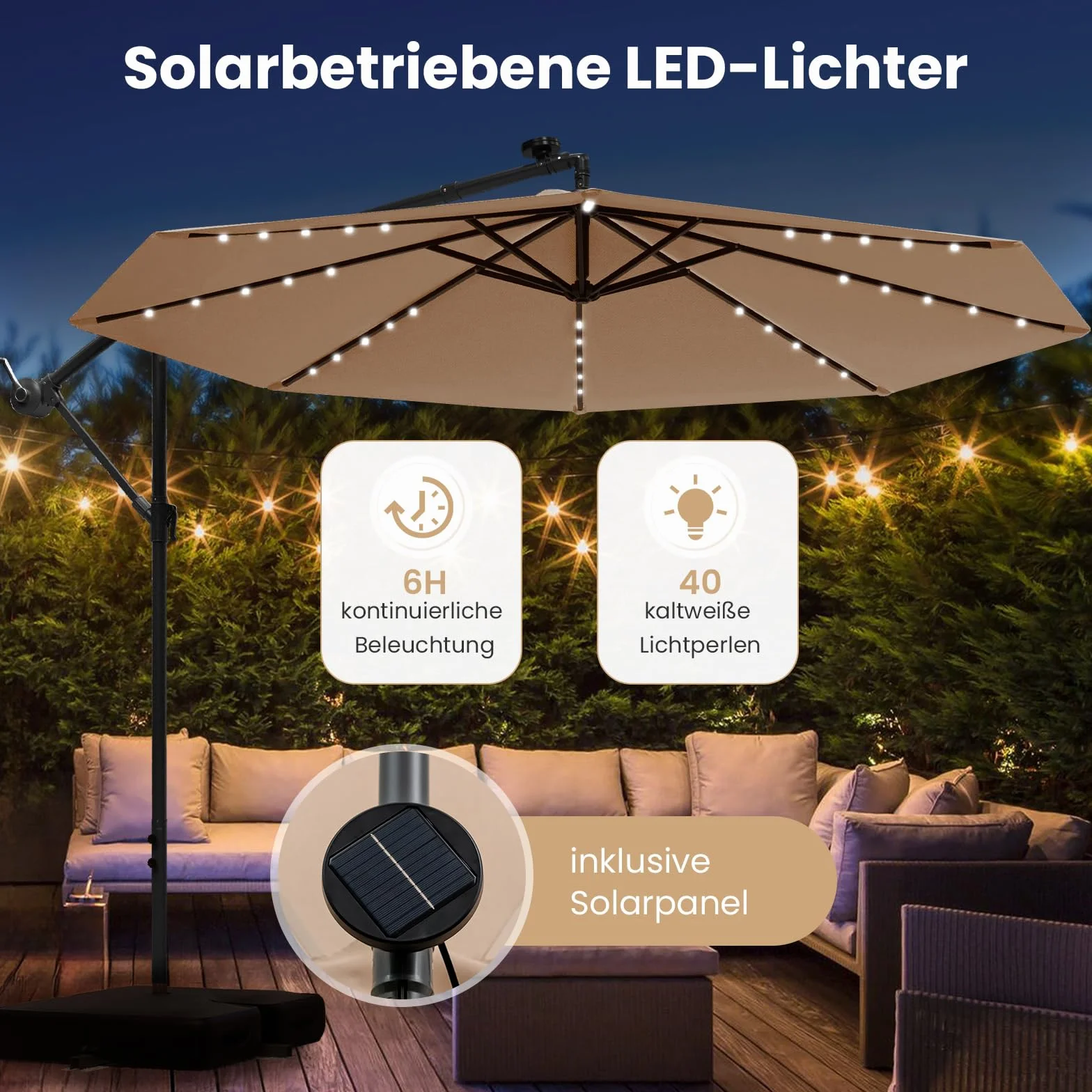 COSTWAY Parasol przeciwsłoneczny z workiem na piasek, 300 cm, z 40 solarnymi diodami LED i korbą, parasol ogrodowy, ochrona przed promieniowaniem UV, parasol na taras, do ogrodu, na basen, taras