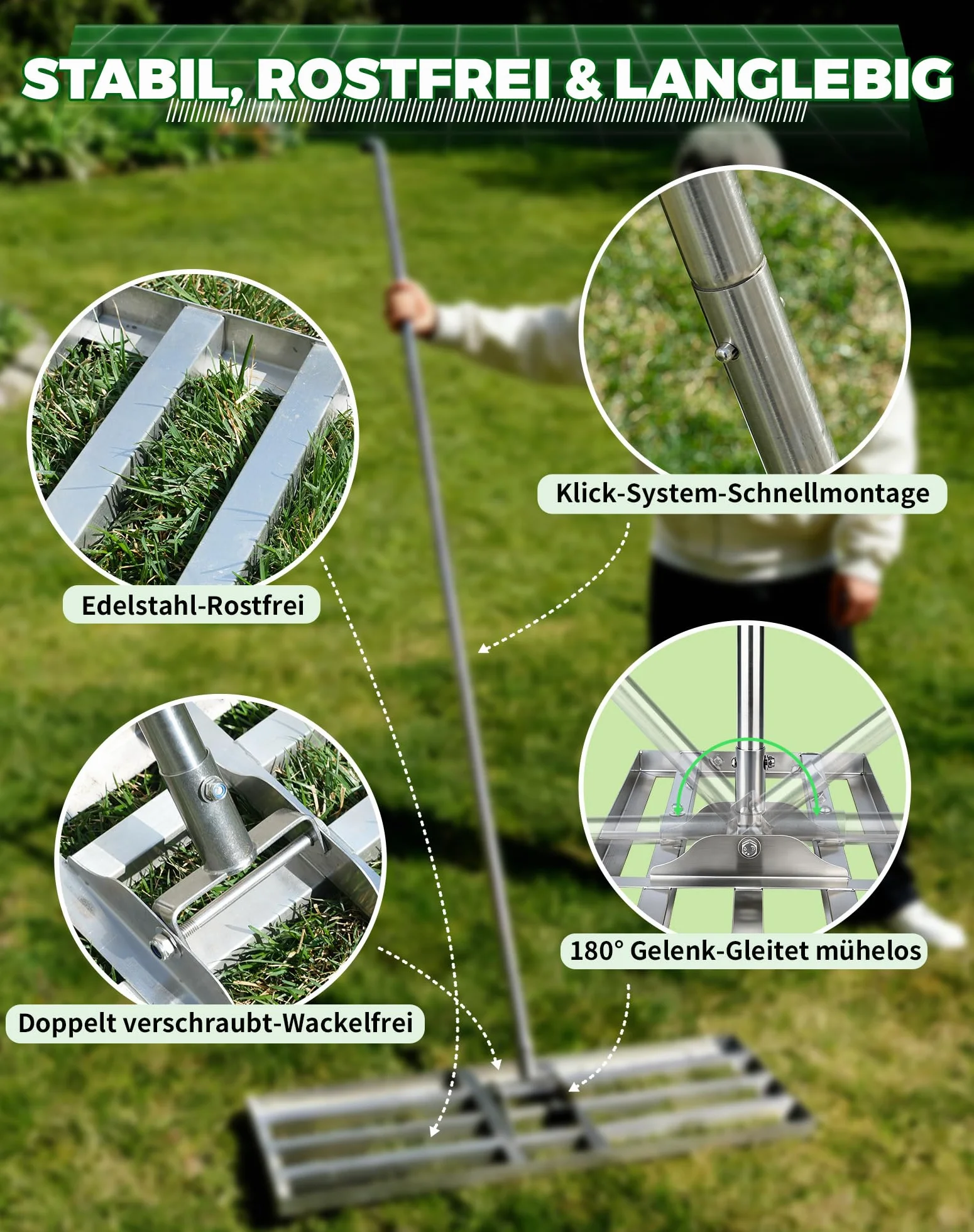 GrabiNivelator do trawnika 80×30 cm z regulowanym metalowym trzonkiem (140‑215 cm) – Grabie do wyrównywania, piaskowania i pielęgnacji trawnika, ogrodu i pola golfowego