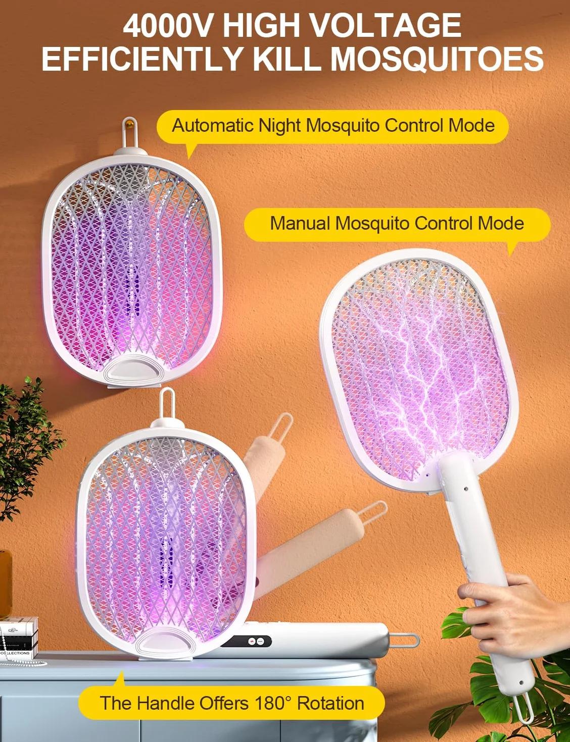 WOCVRYY Elektryczna packa na muchy Extra Strong 4000V 1800mAh 3 w 1 Akumulator Elektryczna packa na komary z ładowarką USB Type-C Składana lampka LED na komary, muchy, osy, ćmy