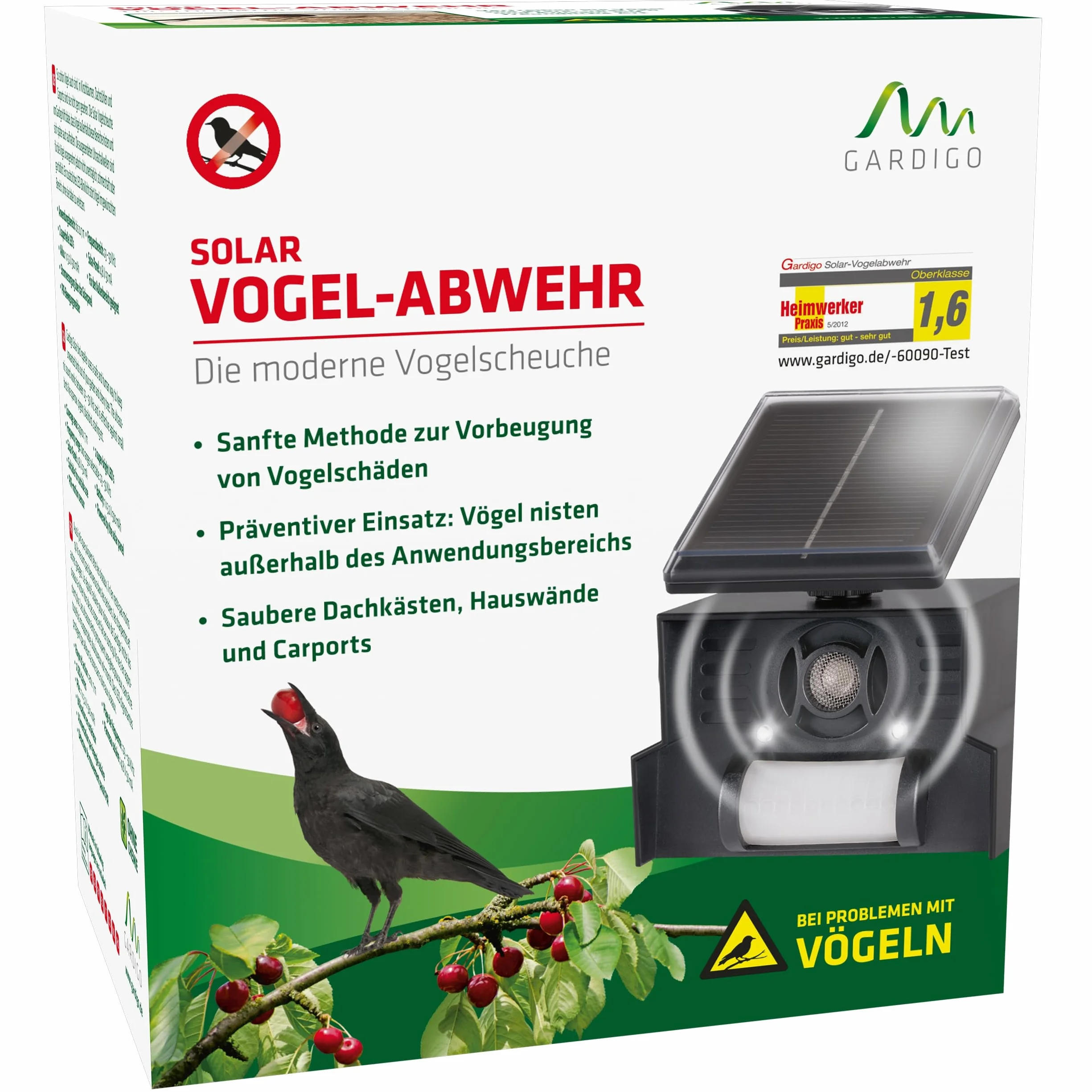 GARDIGO® Ultradźwiękowy odstraszacz ptaków, solarny, elektroniczny strach na wróble z ultradźwiękami i lampą błyskową LED, 23-50 kHz, zasięg 110° i 7 m, odstraszacz ptaków do domu, na balkon i do