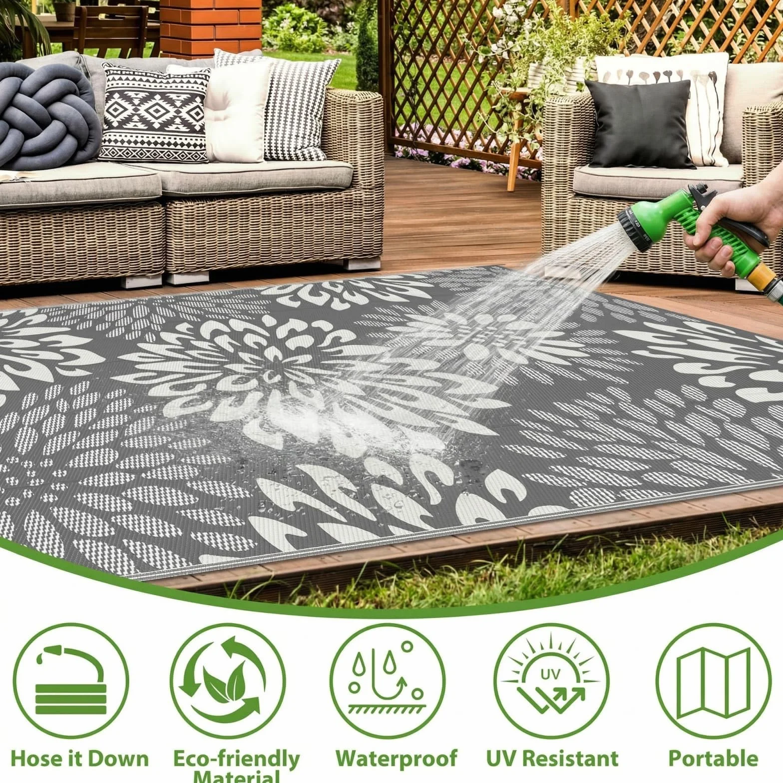 SHACOS Dywan zewnętrzny 180 x 270 cm Duży Dwustronny, Dywany Ogrodowe Wodoodporne Patio Odporne na UV Lekkie, z Plastikowej Słomki Mata Zewnętrzna na Patio Balkon Kemping Podwórko Plażę, Liść, Szary
