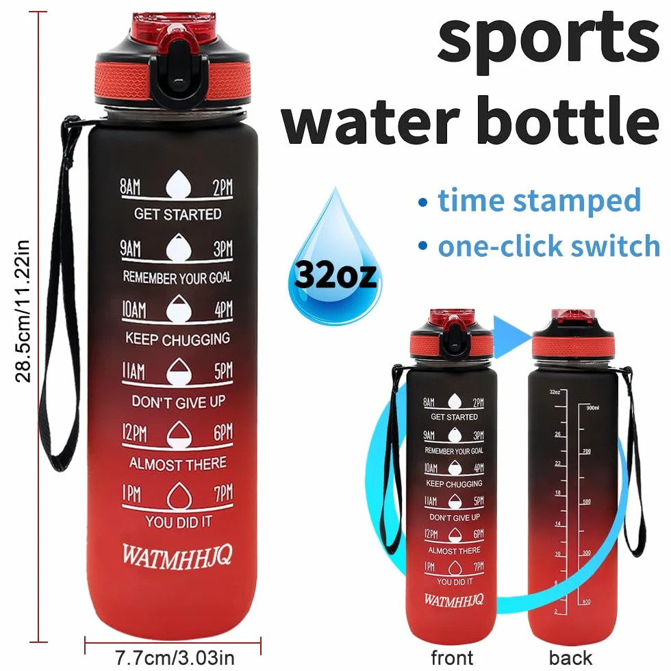 Butelka wodna sportowa 1L ze słomą i markerem czasu, BPA Free Duża butelka do siłowni 1000ml z liną do przenoszenia, szczelny flip top z zamką bezpieczeństwa do pieszych wycieczek