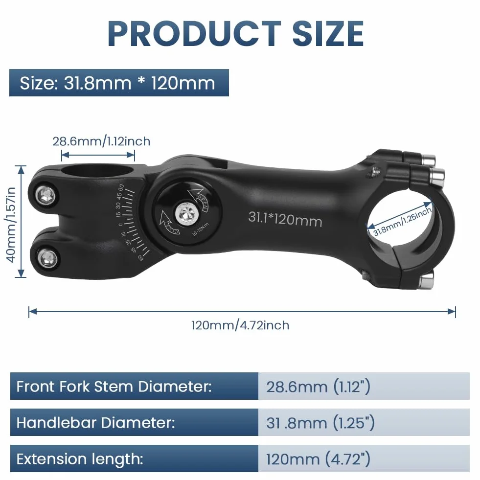 31,8 Trzpień roweru, regulowany drążek kierownicy ± 60°, 120 mm, stop aluminium, górski, przedłużacz kierownicy roweru górskiego, sześciokątny otwór, trzpień rowerowy do roweru szosowego, roweru