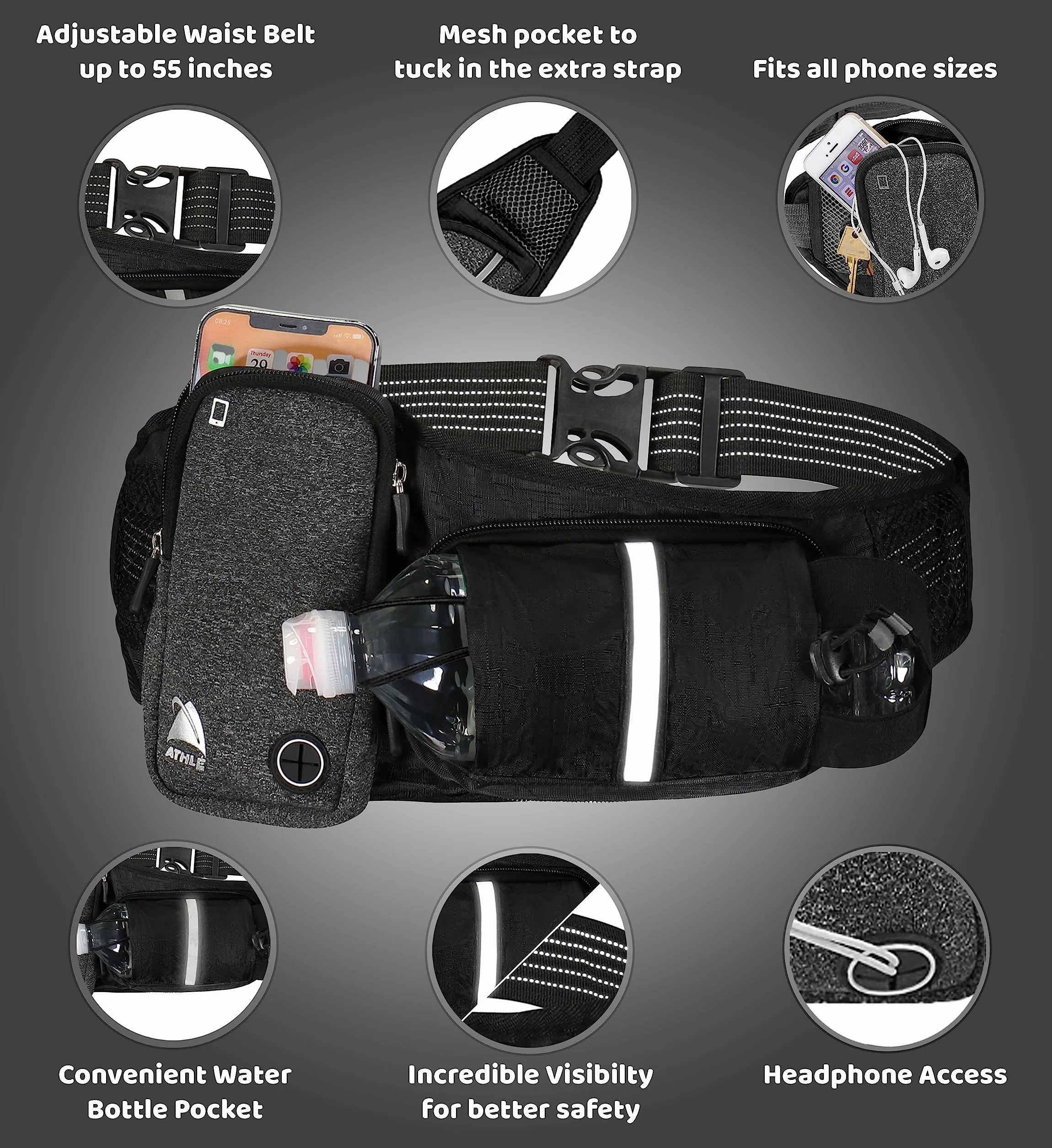 Running Belt Water Bottle Pouch Pozioma, duża kieszeń Fanny Pack Nadaje się do większości telefonów i portfeli, regulowany pasek w pasie jeden rozmiar, breloczek do kluczy, odblaskowy 360 czarny