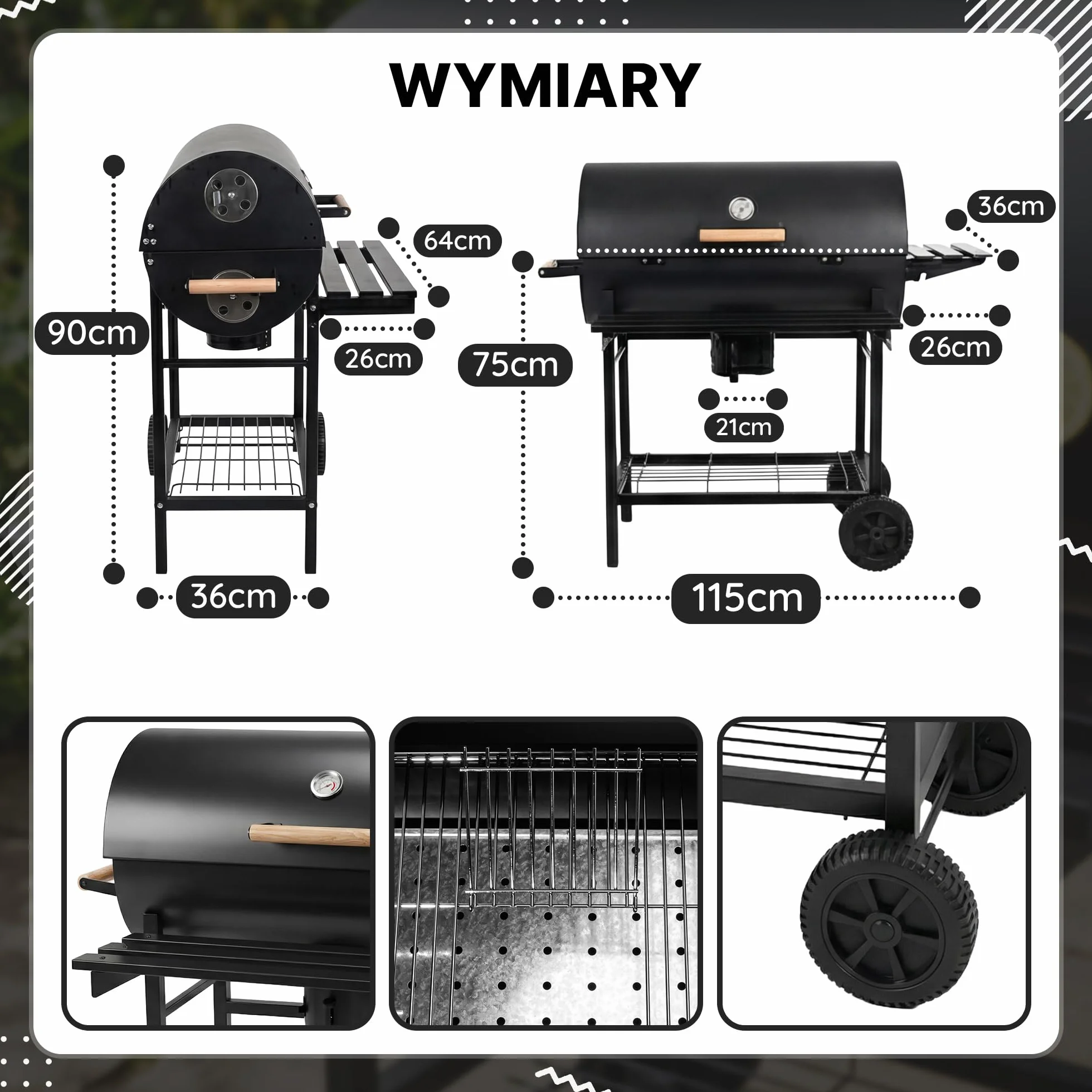 Five-Star Grill & Chill Grill Gril Węglowy - Grill Ogrodowy z Pokrywą, Koła, Półki, Grill Przenośny, powierzchnia rusztu 71 x 35 cm, model GC0002