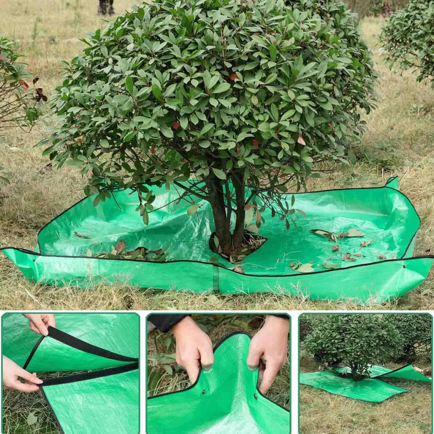 Mata do przycinania roślin z otworem 30 cm, przycinanie drzew, wodoszczelna plandeka ogrodowa z 4 narożnikami i klamrami narożnymi, możliwość wstawania, mocowania wokół drzew i krzewów