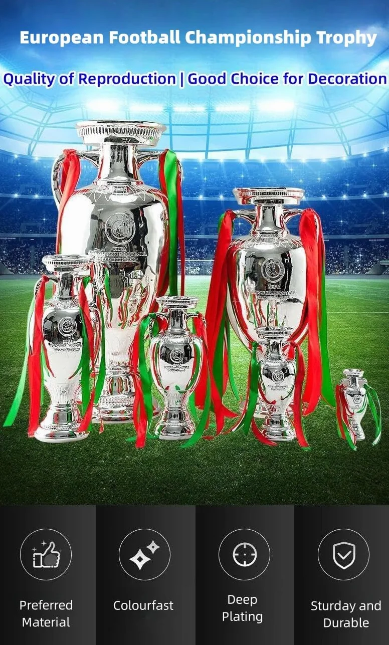 Replika trofeum mistrzostw Europy w piłce nożnej, posrebrzana z czerwonymi i zielonymi wstążkami, model pucharu z trofeum symulacyjnego, dekoracyjna nagroda sportowa, artystyczna dekoracja, pamiątki