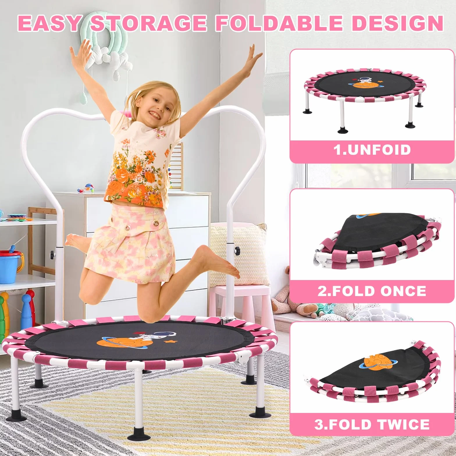 Trampolina dla dzieci 101 cm składana z odbijaniem bungee regulowanym uchwytem piankowym