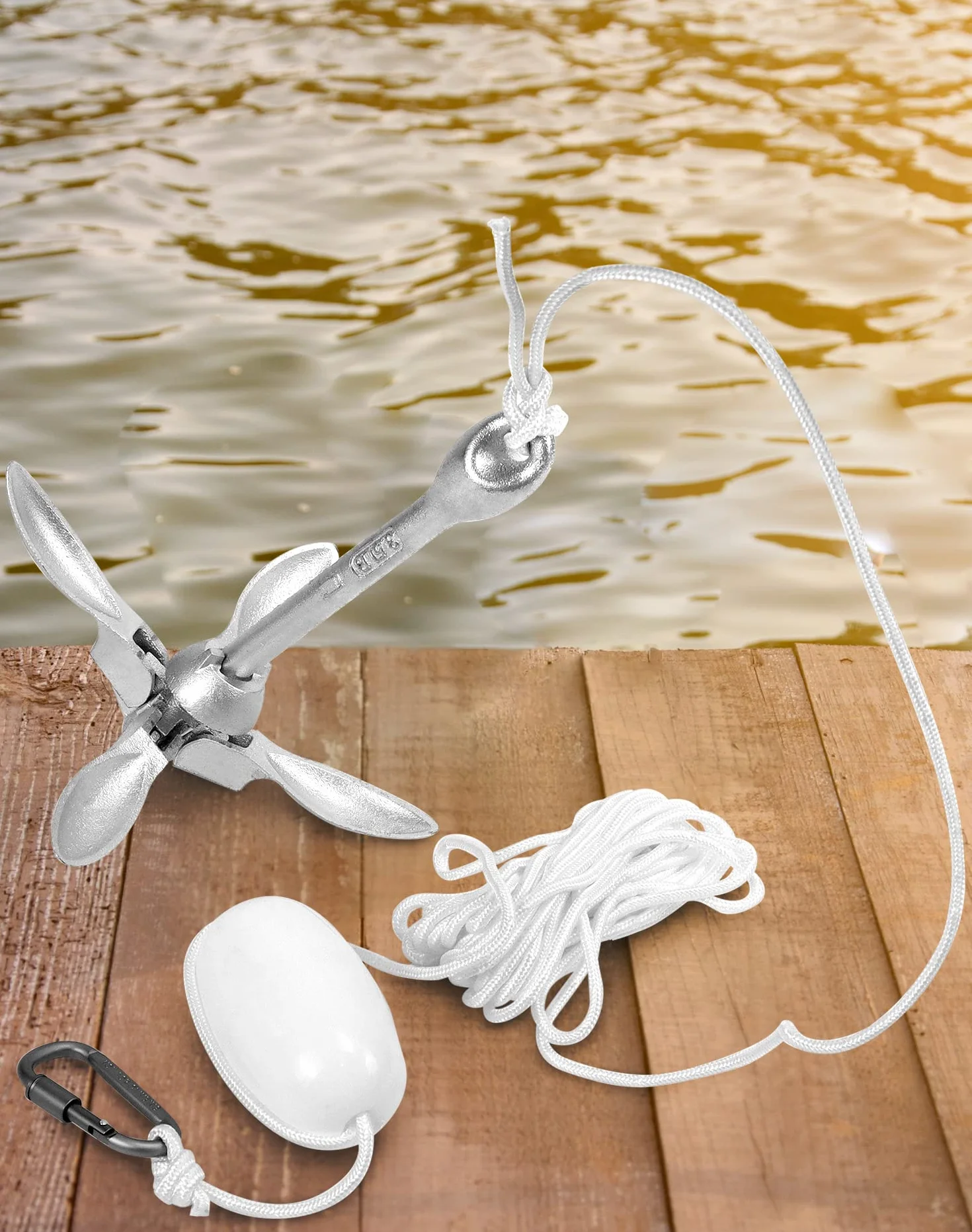 QWORK® Kotwica do łodzi 1.5 kg, składana kotwica, w tym 10-metrowa lina kotwiczna, kula boja i torba do przechowywania, do kajaków, canoe i skuterów wodnych