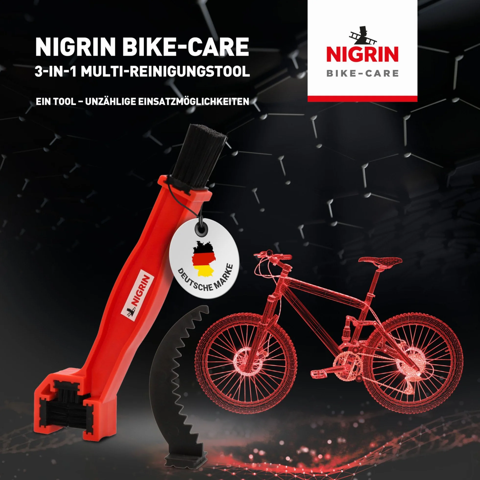NIGRIN Szczotka do czyszczenia łańcucha rowerowego, 3 w 1, narzędzie wielofunkcyjne, do czyszczenia łańcuchów, zębatek, przerzutek, łatwa wymiana, czarna, czerwona, 1 sztuka