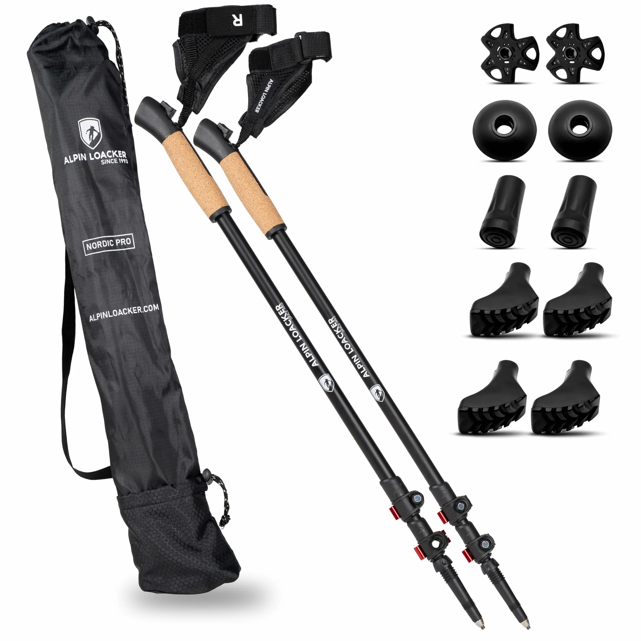 Alpin Loacker Teleskopowe kijki trekkingowe z włókna węglowego i aluminium z uchwytem korkowym, lekkie kijki do nordic walkingu, dla kobiet i mężczyzn, do jazdy na nartach i wędrówek, kijki