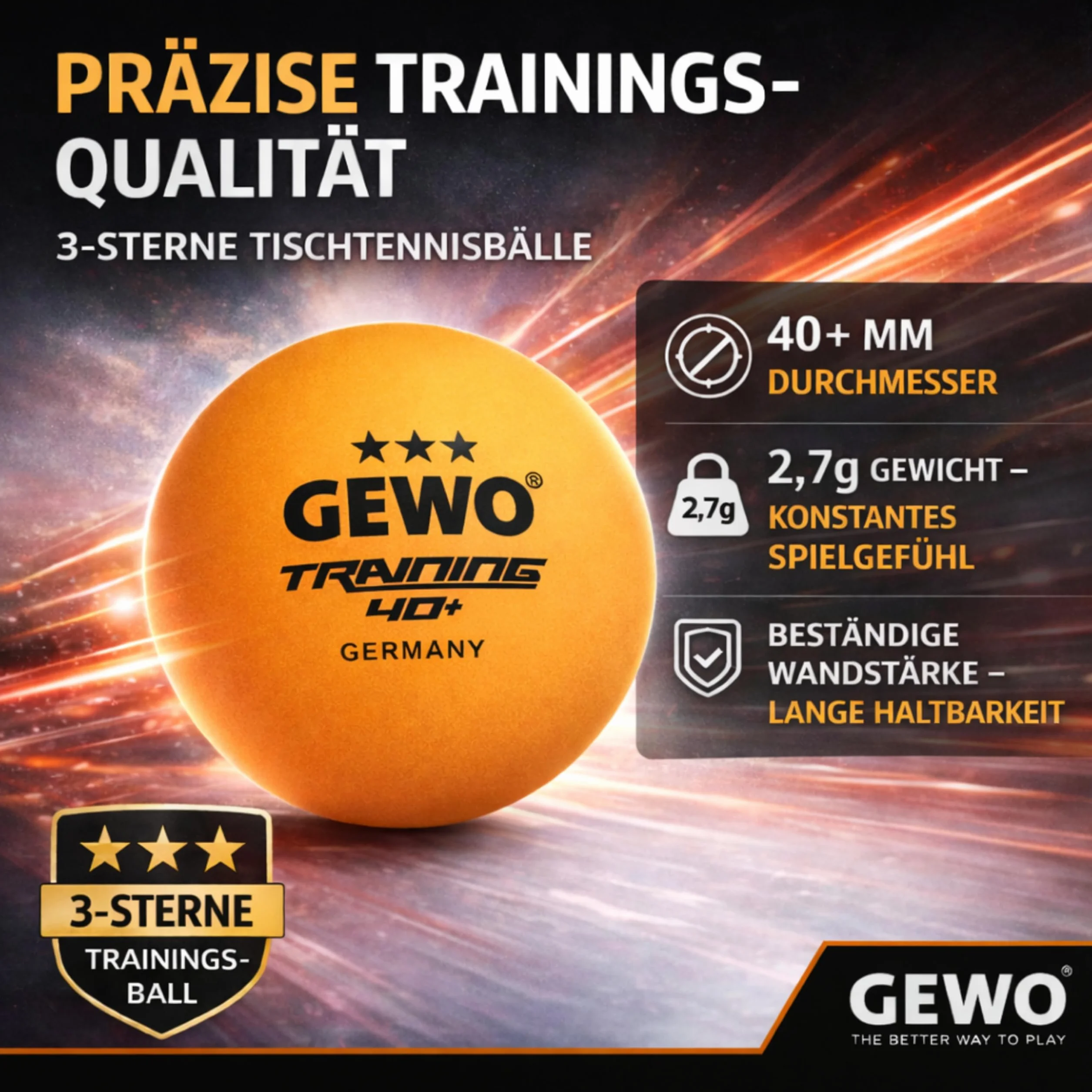 GEWO Piłki do tenisa stołowego do treningu 40+ – 3 gwiazdki z tworzywa sztucznego ABS ze szwem – wysokiej jakości piłki do ping ponga, średnica 40 mm, opakowanie zapasowe, 24 sztuki, pomarańczowe