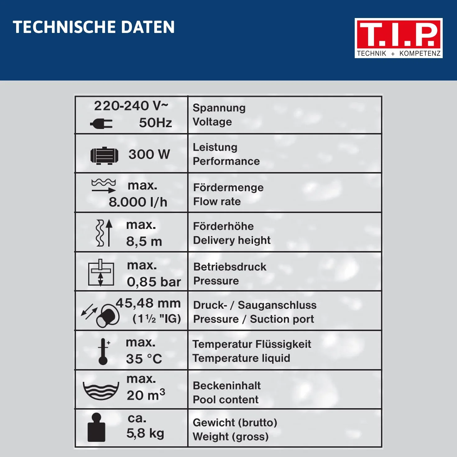 T.I.P. Pompa Basenowa SPP 300 F – 300 W, cyrkulacja wody z przedfiltrem, 8000 l/h, 8,5 m, do 20 m³, 30442