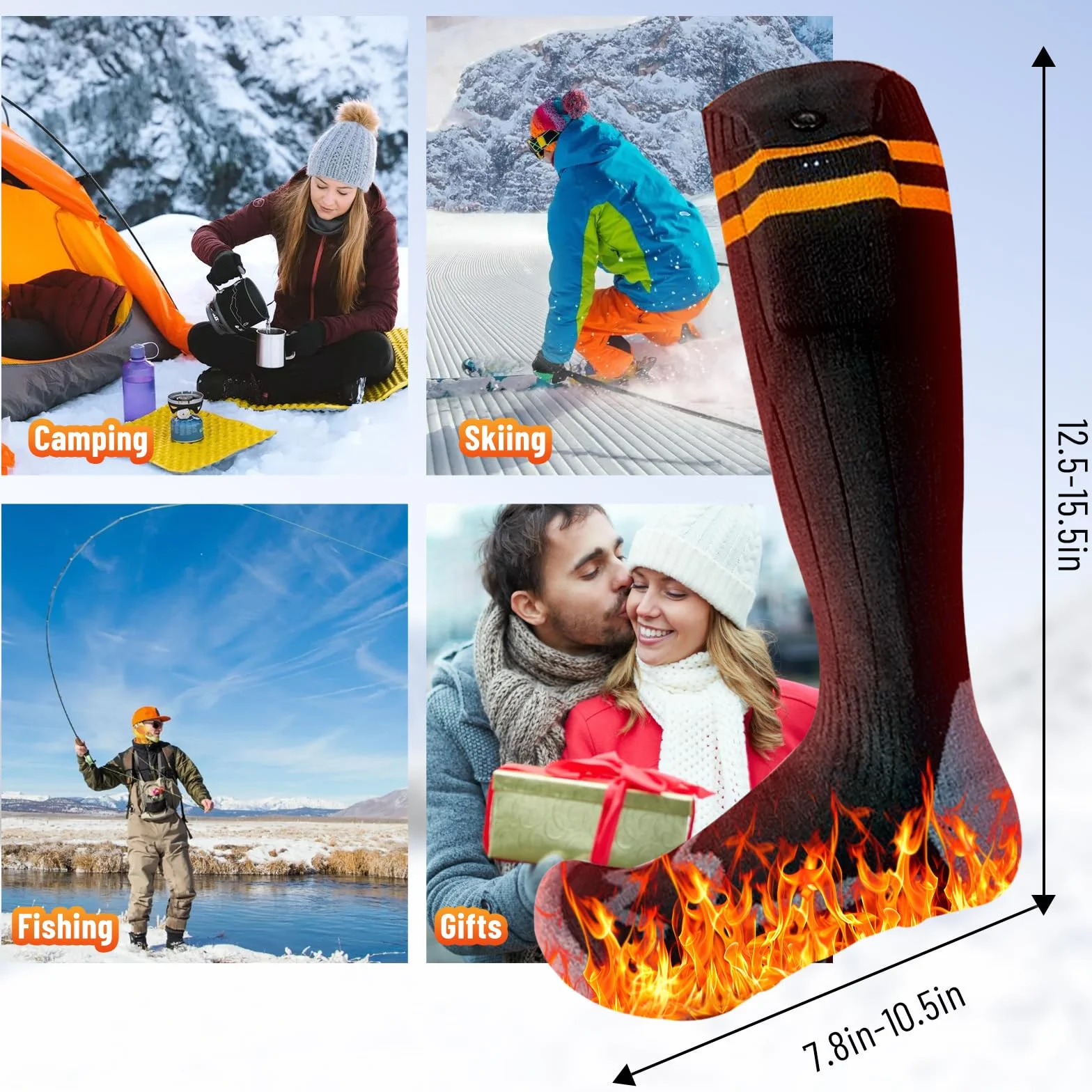 Ogrzewane skarpety, 2 x 5000 mAh, możliwość ponownego ładowania, z 4 ustawieniami temperatury, można prać w temperaturze do 65°C, ogrzewacze do stóp, na kemping, polowanie, jazdę na