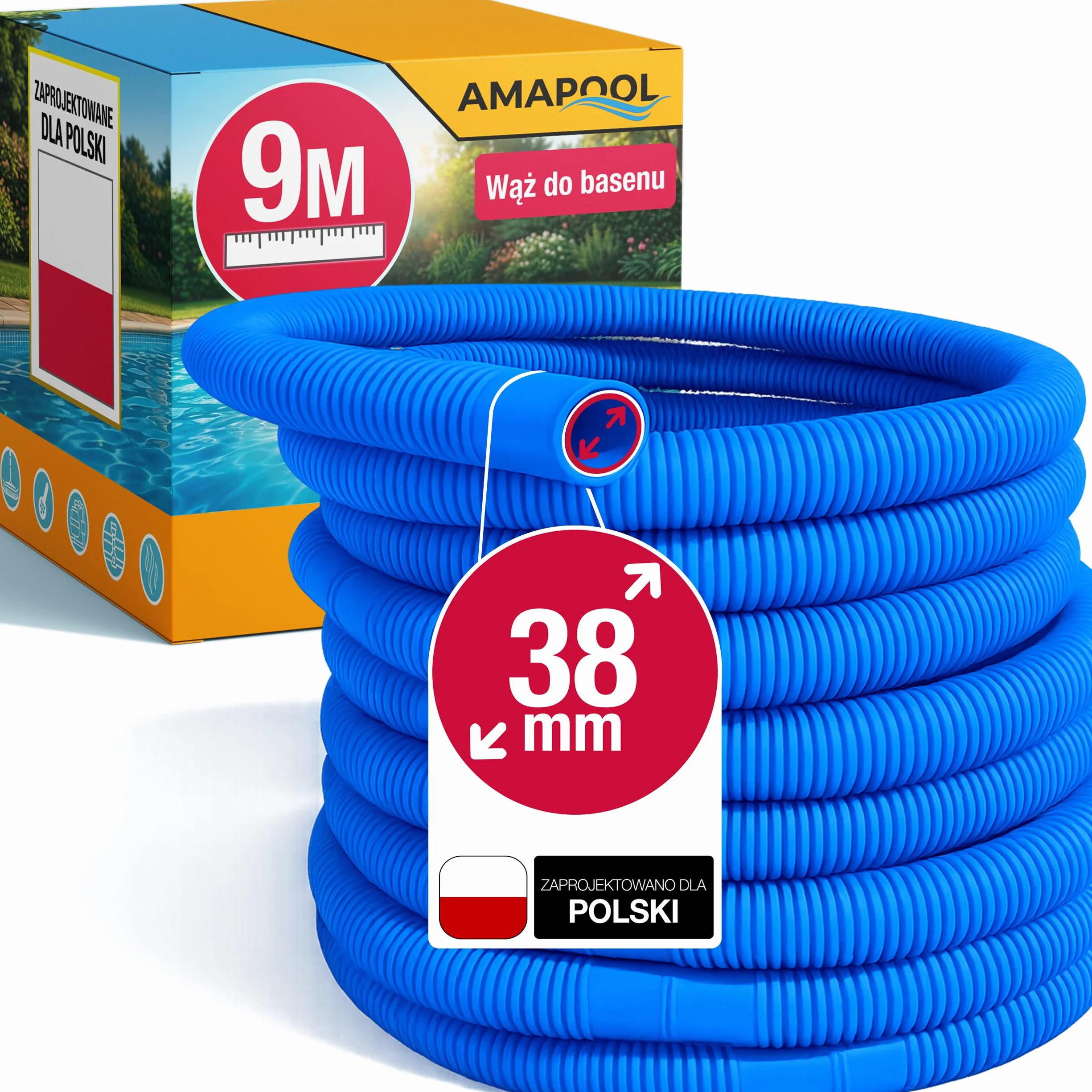Amapool Wąż basenowy 38mm 9m niebieski – Elastyczny & rozłączny – Rura do pompy, Skimmer & filtra piaskowego – Wąż pompy 38 mm Średnica wewnętrzna