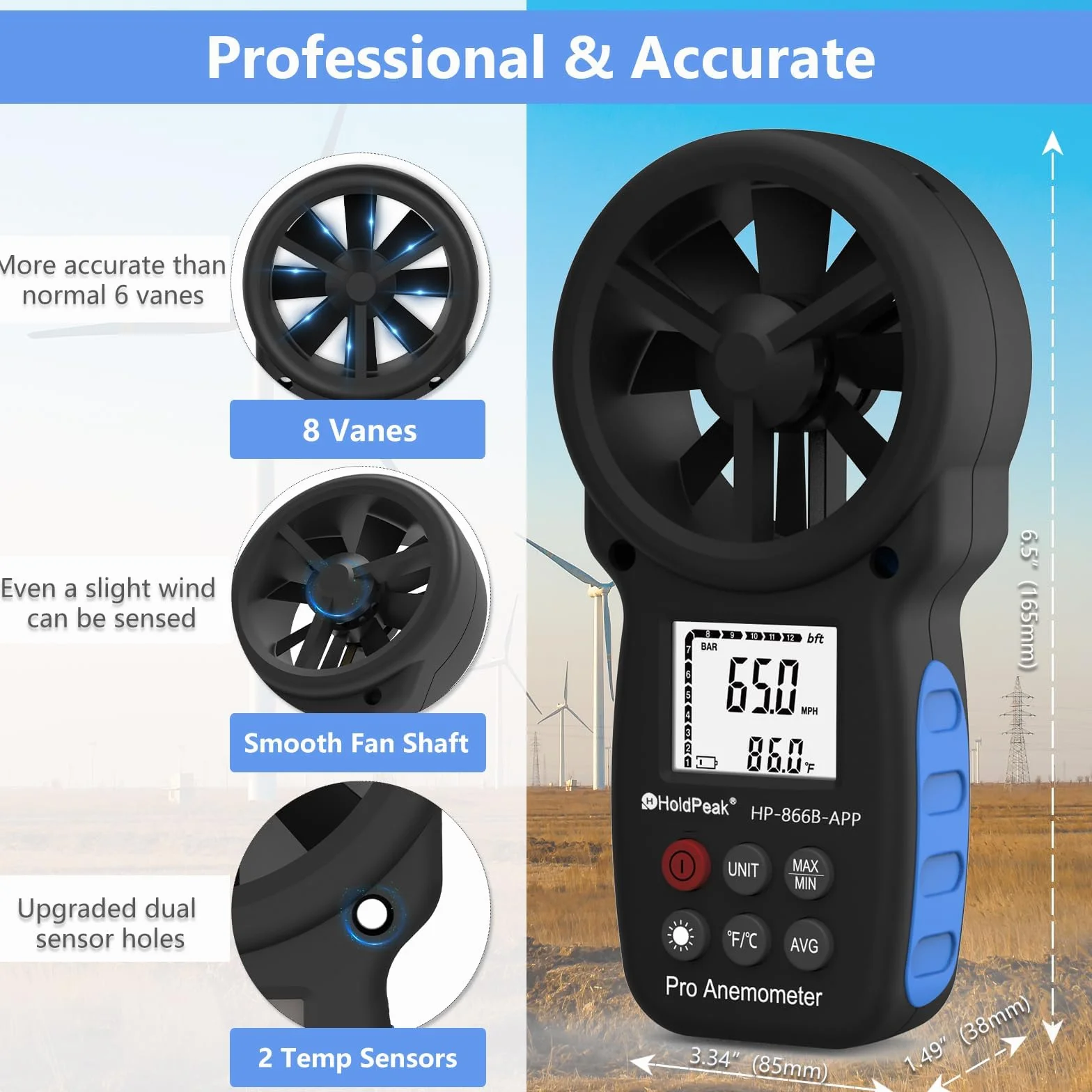 HoldPeak Cyfrowy anemometr HP-866B-APP Prędkość wiatru z bezprzewodowym połączeniem Bluetooth do pomiaru temperatury wiatru, nawigacji w locie, strzelanie, żeglarstwie