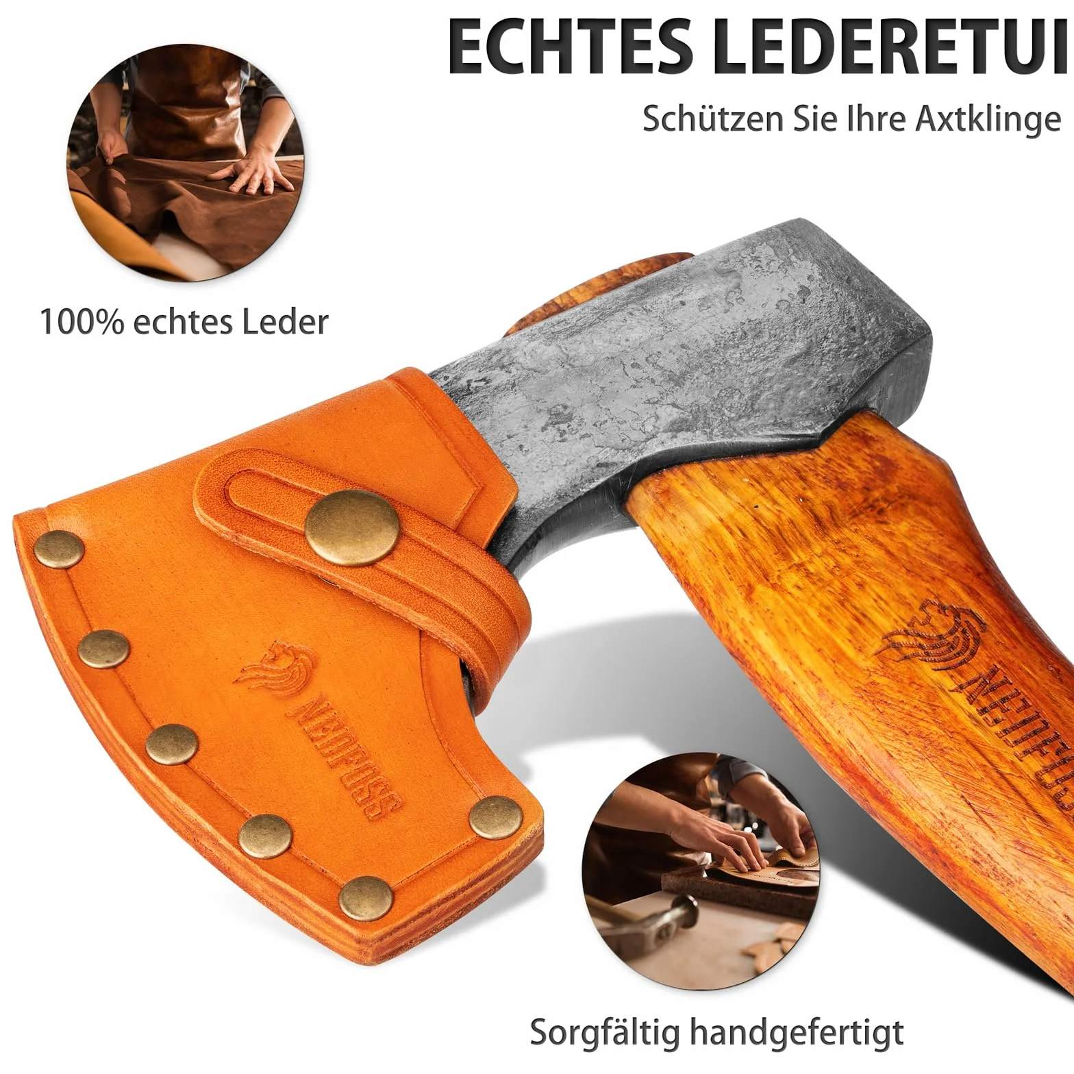 NedFoss Hippo Siekiera do rozłupywania drewna, stal węglowa, survivalowa, z pochwą, ostry topór Bushcraft 780 g, uniwersalna, siekiera Wikingów na kemping i do prac ogrodowych, 33 cm