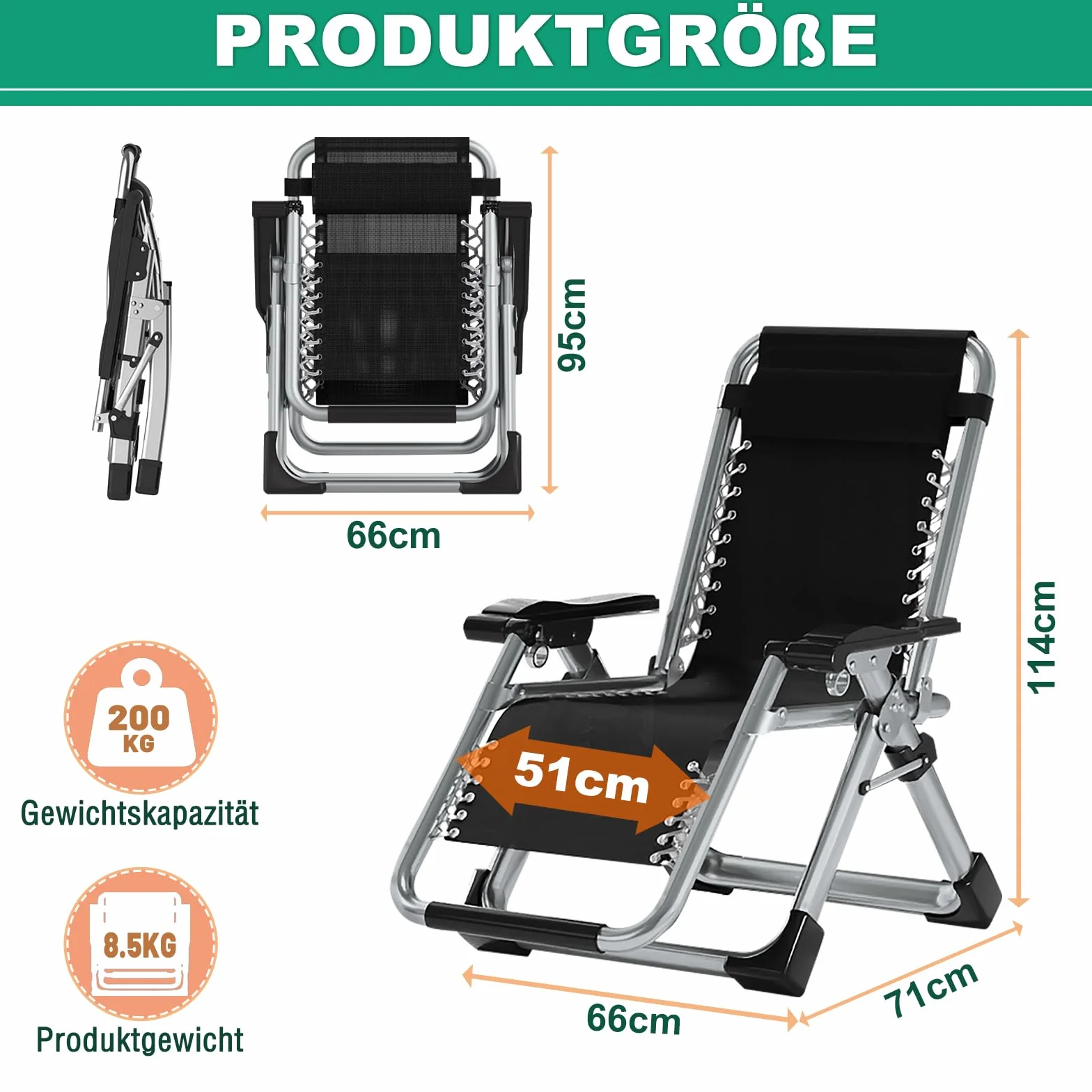 Zero Gravity Chair - Składany leżak z nakładką i kieszenią boczną, regulowany fotel relaksacyjny do salonu, na balkon, do ogrodu, na plażę lub basen, obciążenie 200 kg