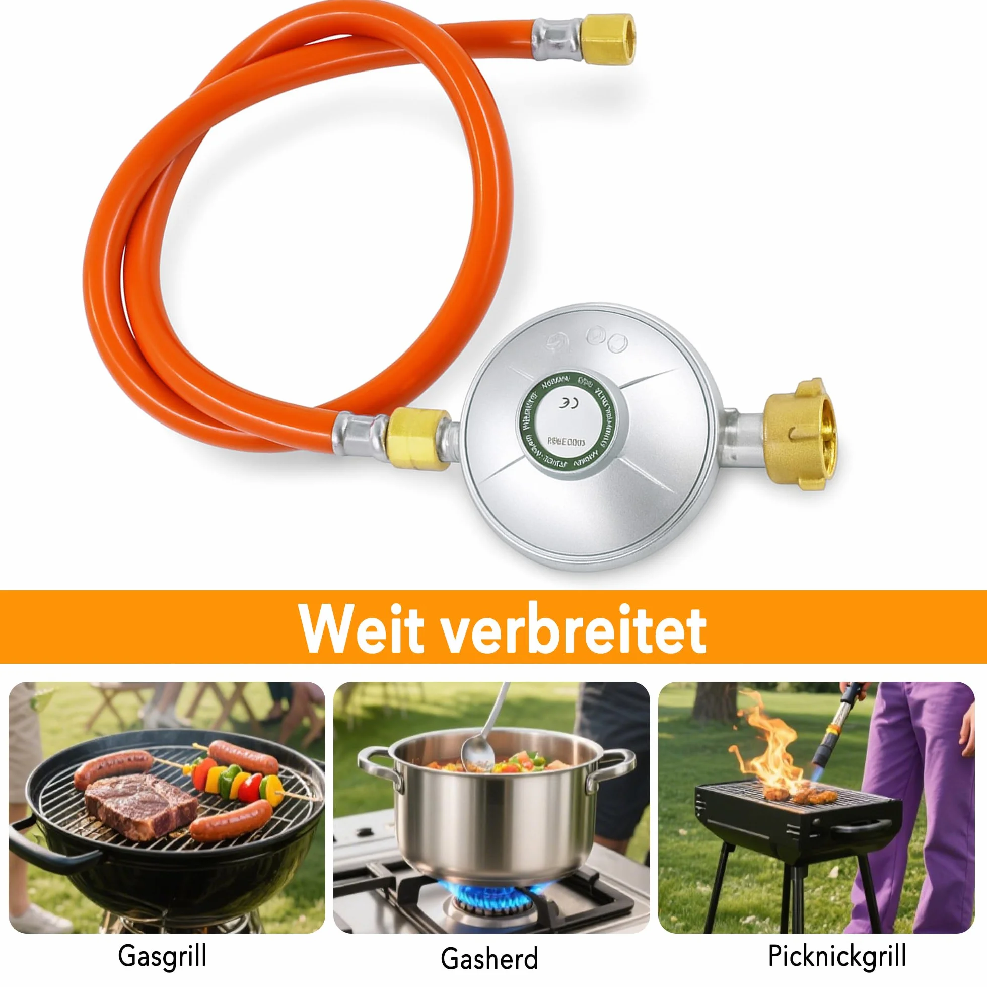 Wąż gazowy z reduktorem ciśnienia 50 mbar, zestaw: 150 cm, stop aluminium i miedź, regulator ciśnienia gazu z przyłączem śrubowym 1/4", lewy do grilla gazowego, na kemping, piknik