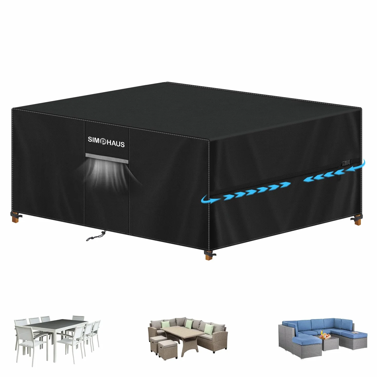 Duże pokrowce na meble ogrodowe 280 x 210 x 90 cm, pokrowiec na meble ogrodowe, wodoodporny pokrowiec na stół ogrodowy z paskami i otworem wentylacyjnym, pokrowiec na sofę ogrodową, anty-UV