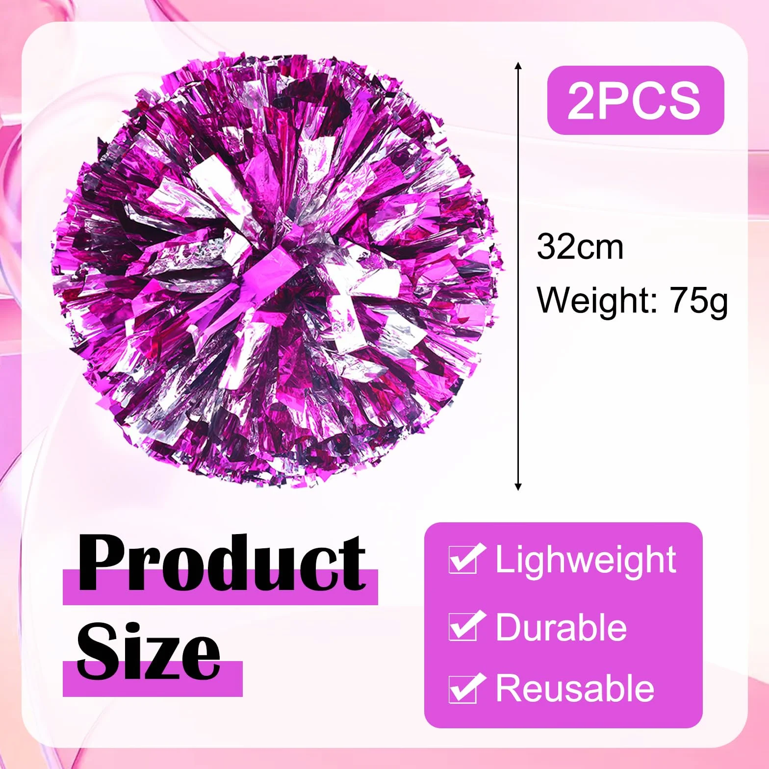 2 pompony cheerleaderek, pompony cheerleaderki, metalowe pompony z folii, sportowe pompony, metaliczne, piękne pompony cheerleaderki, kolorowe pompony dla dzieci, do uprawiania sportu, występów, tańca