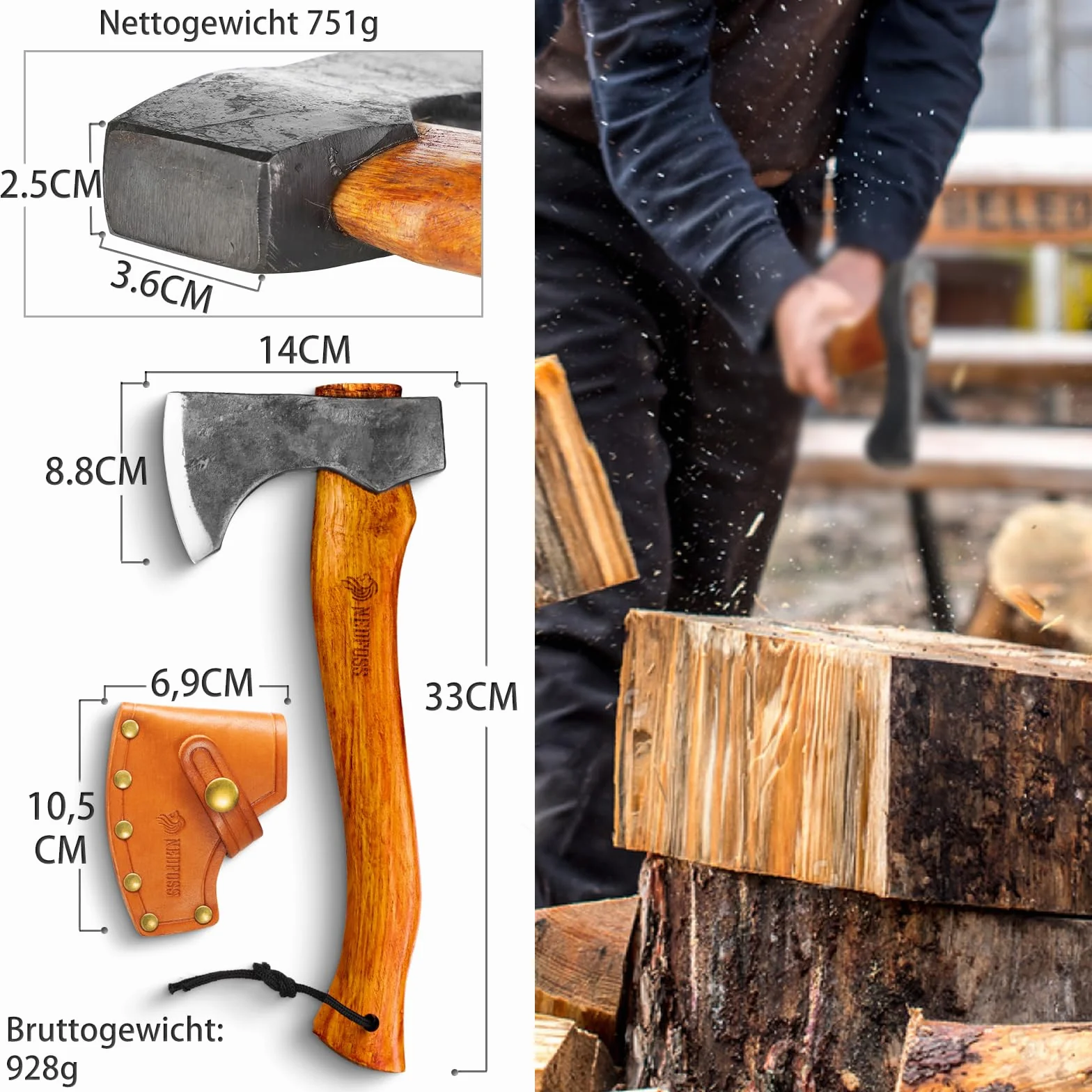 NedFoss Hippo Siekiera do rozłupywania drewna, stal węglowa, survivalowa, z pochwą, ostry topór Bushcraft 780 g, uniwersalna, siekiera Wikingów na kemping i do prac ogrodowych, 33 cm
