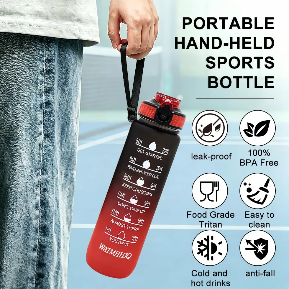 Butelka wodna sportowa 1L ze słomą i markerem czasu, BPA Free Duża butelka do siłowni 1000ml z liną do przenoszenia, szczelny flip top z zamką bezpieczeństwa do pieszych wycieczek