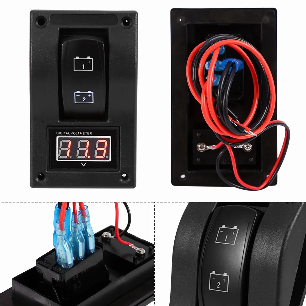 Akozon panel testowy akumulatora 12V DC LED woltomierz łodzi morskiej przełącznik kołyskowy ON-OFF-ON