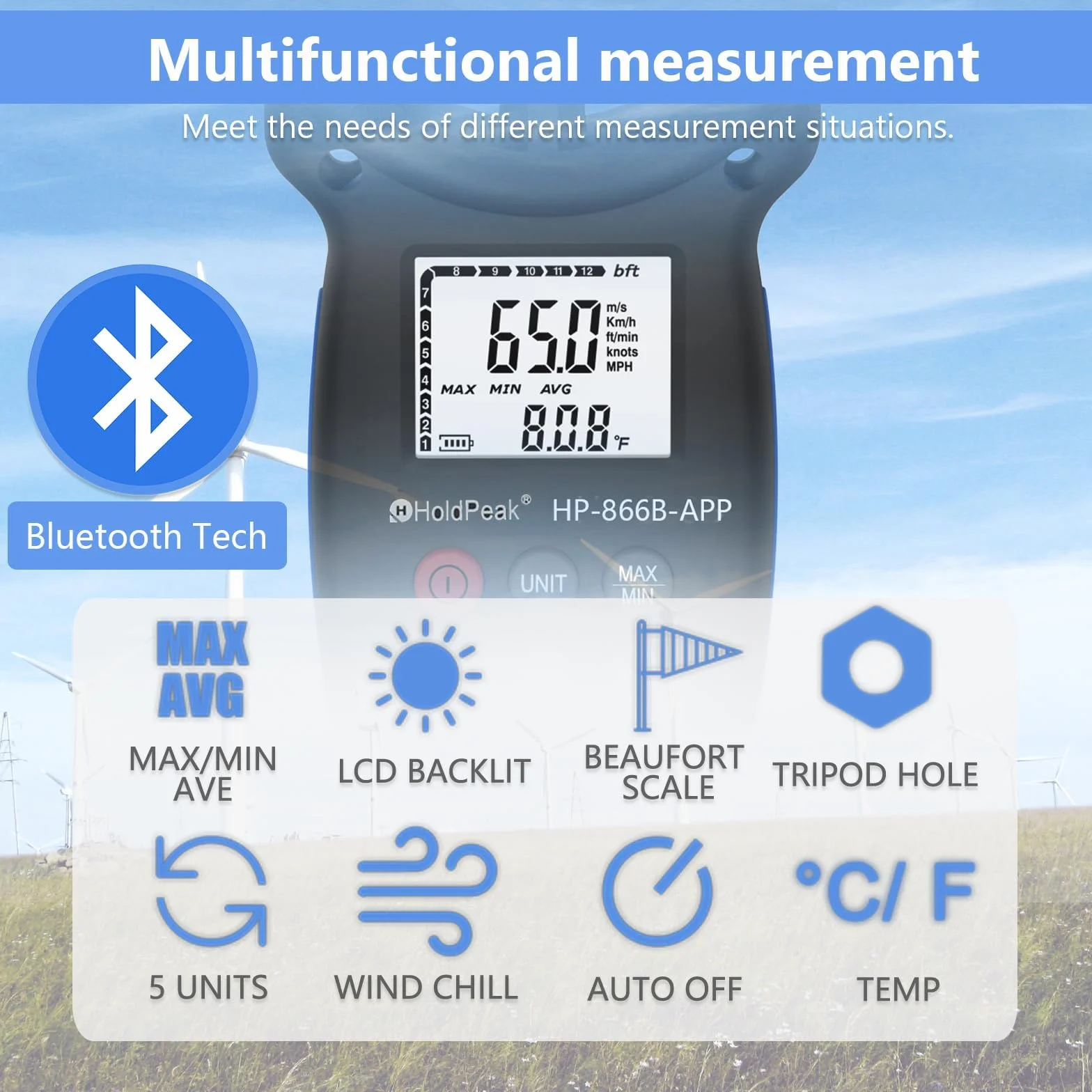 HoldPeak Cyfrowy anemometr HP-866B-APP Prędkość wiatru z bezprzewodowym połączeniem Bluetooth do pomiaru temperatury wiatru, nawigacji w locie, strzelanie, żeglarstwie