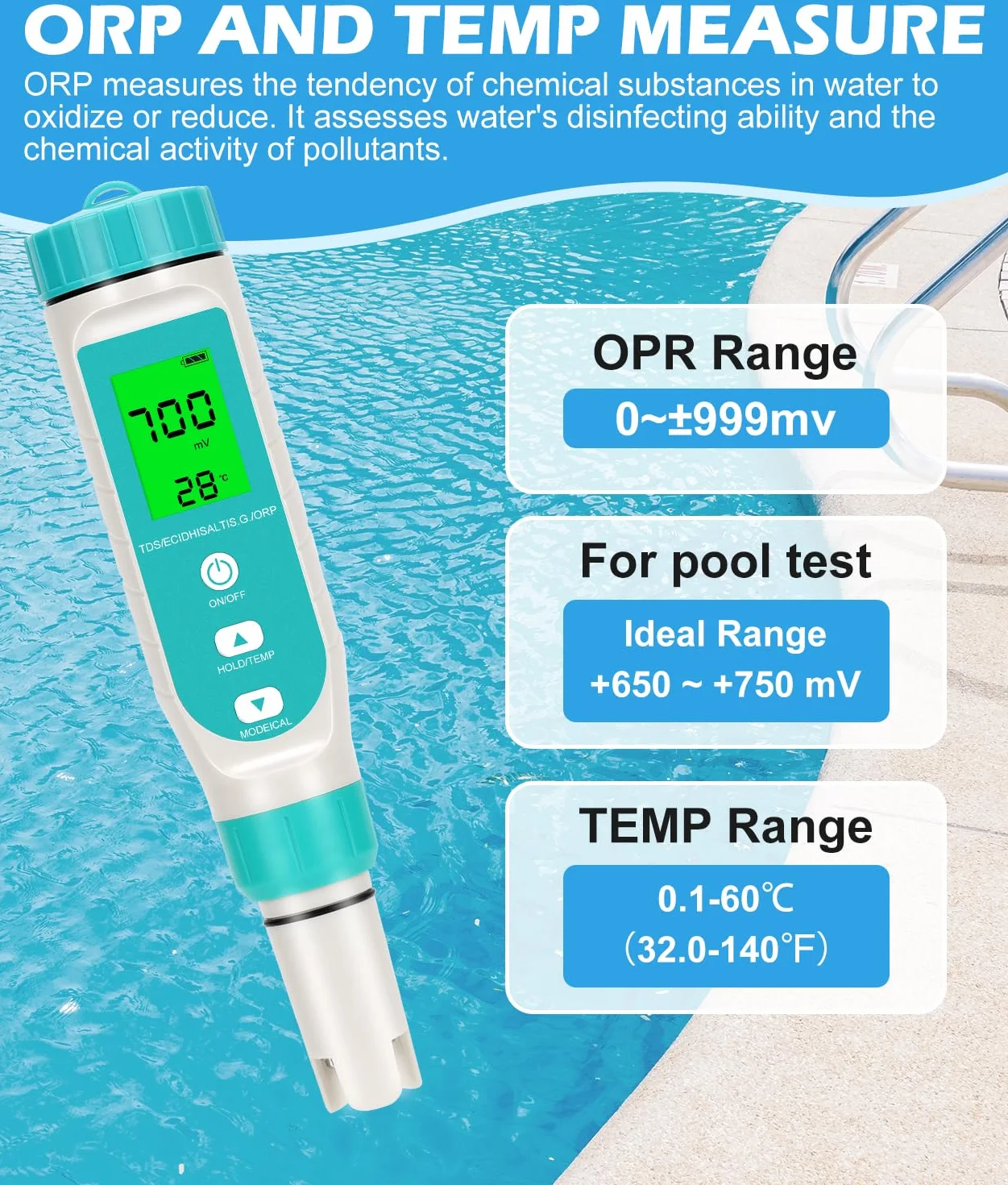WADEO Miernik ph, 7 w 1 miernik ph wody do PH/TDS/EC/zasolenia/S.G/Gold/Temperatura, phmetr z wyświetlaczem LCD, precyzyjny test wody pitnej do wody pitnej, basenu, akwarium