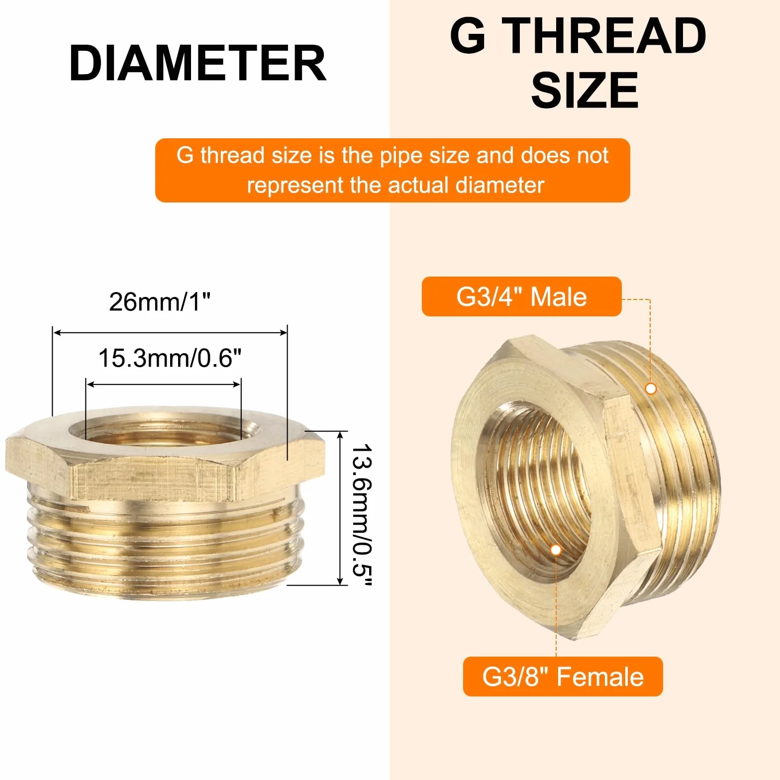 QUARKZMAN 2 sztuki sześciokątny mosiężny łącznik redukcyjny G3/4" męski x G3/8" żeński z paskiem PTFE do instalacji hydraulicznych, przewodów paliwowych i systemów pneumatycznych
