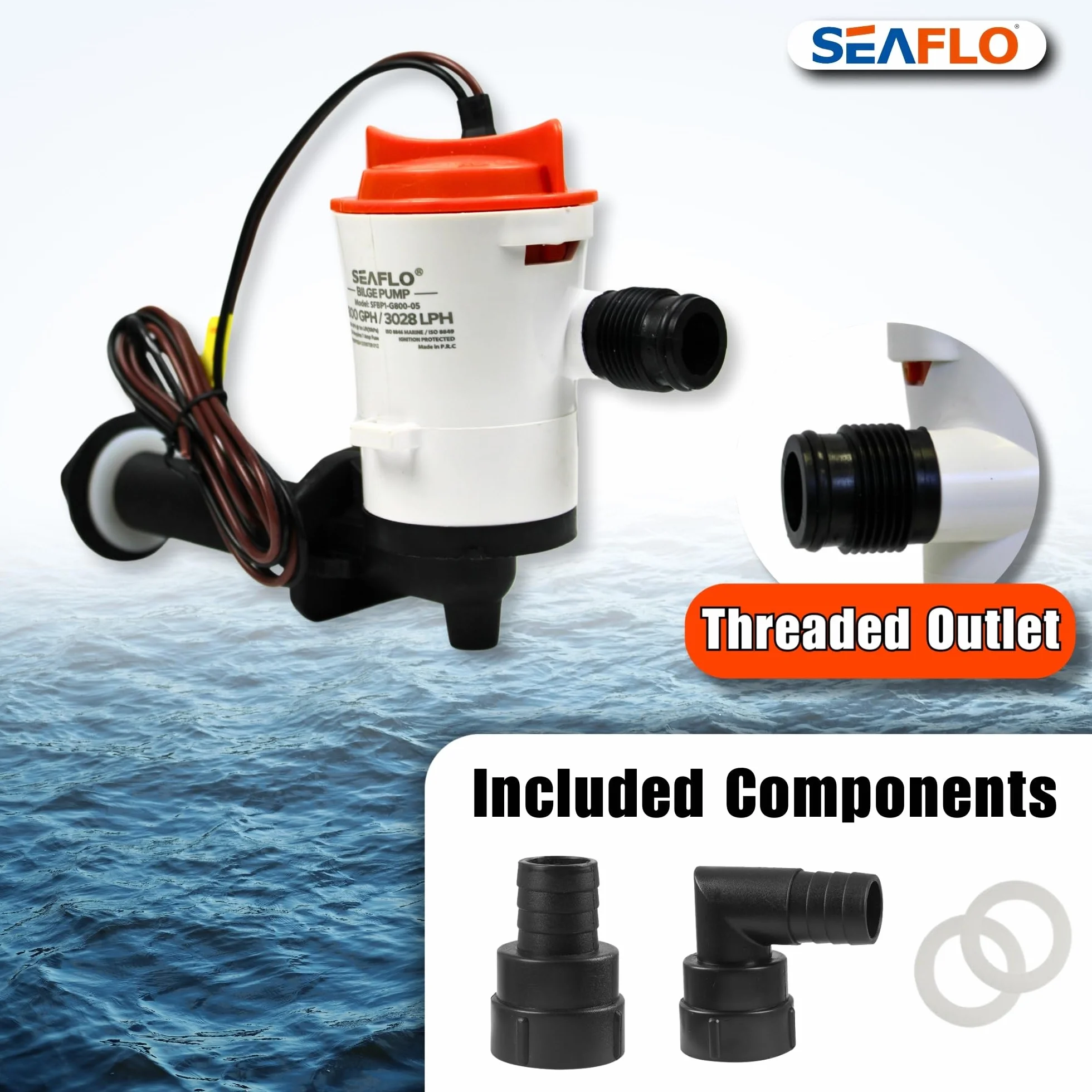 SEAFLO Kątowa pompa Baitwell/Livewell serii 05 800 GPH 12V DC zanurzalny napowietrzacz