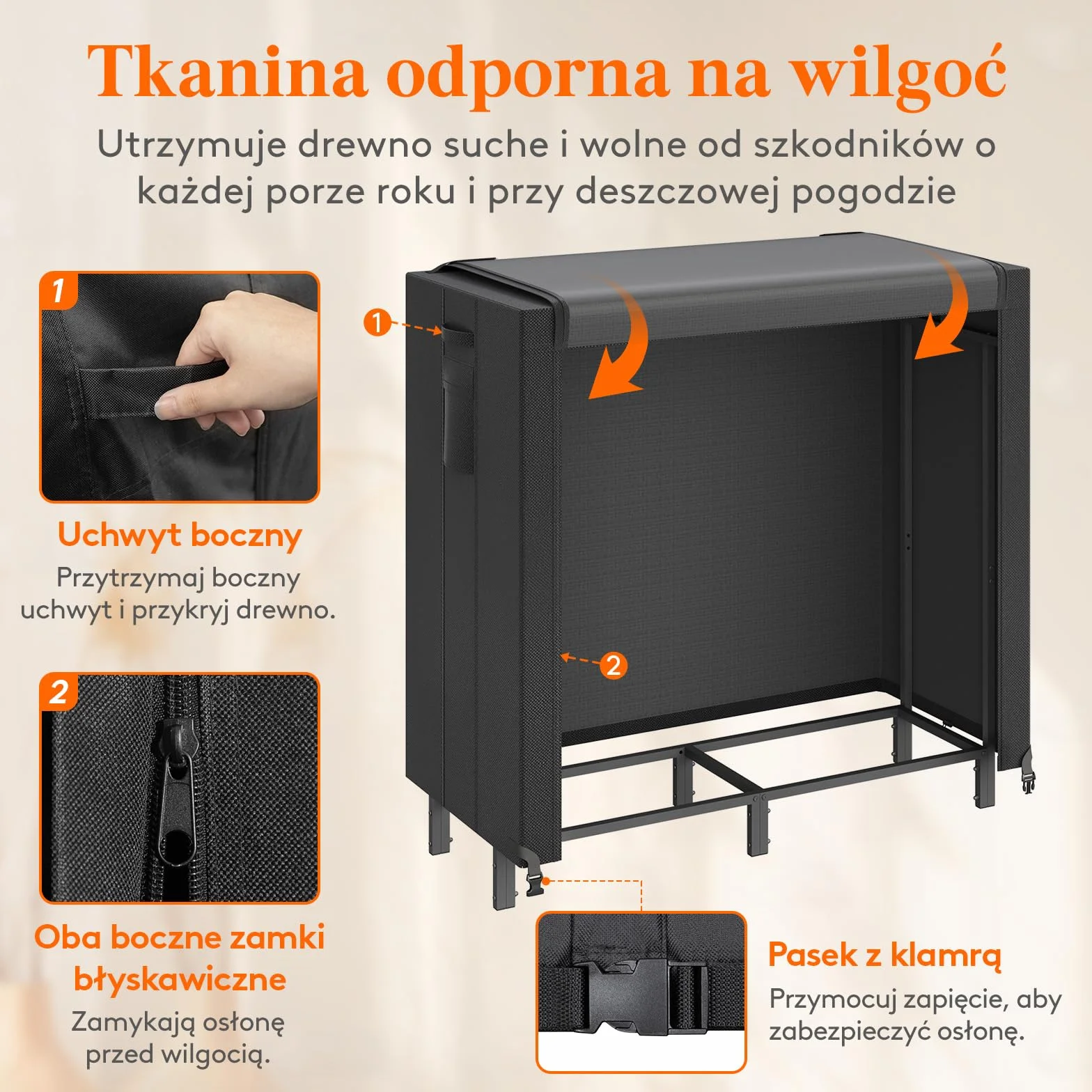 Lifewhite Drewniane Pudełko do Przechowywania Wewnątrz, 122 × 58,5 × 122 cm Drewna Opałowego na Zewnątrz z Wodoodporną Pokrywą Boczna Kieszeń do Wnętrz i na Zewnątrz, Czarna
