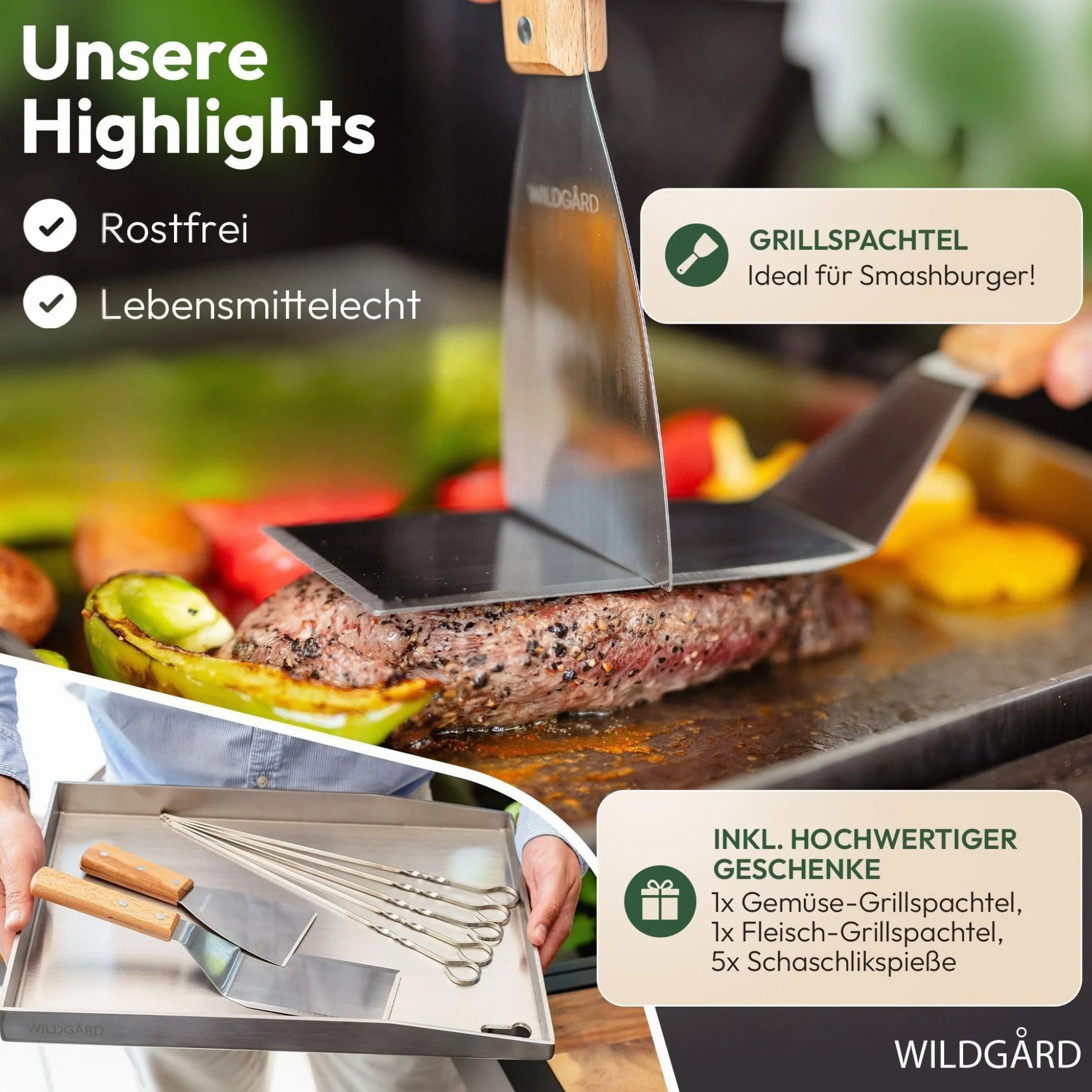 Plancha płyta grillowa z grubej i odpornej na rdzę stali nierdzewnej – 35 x 25 cm – płyta grillowa nadaje się do grilla gazowego BBQ i grilla na węgiel drzewny + 2 x szpatułki do grilla i 5