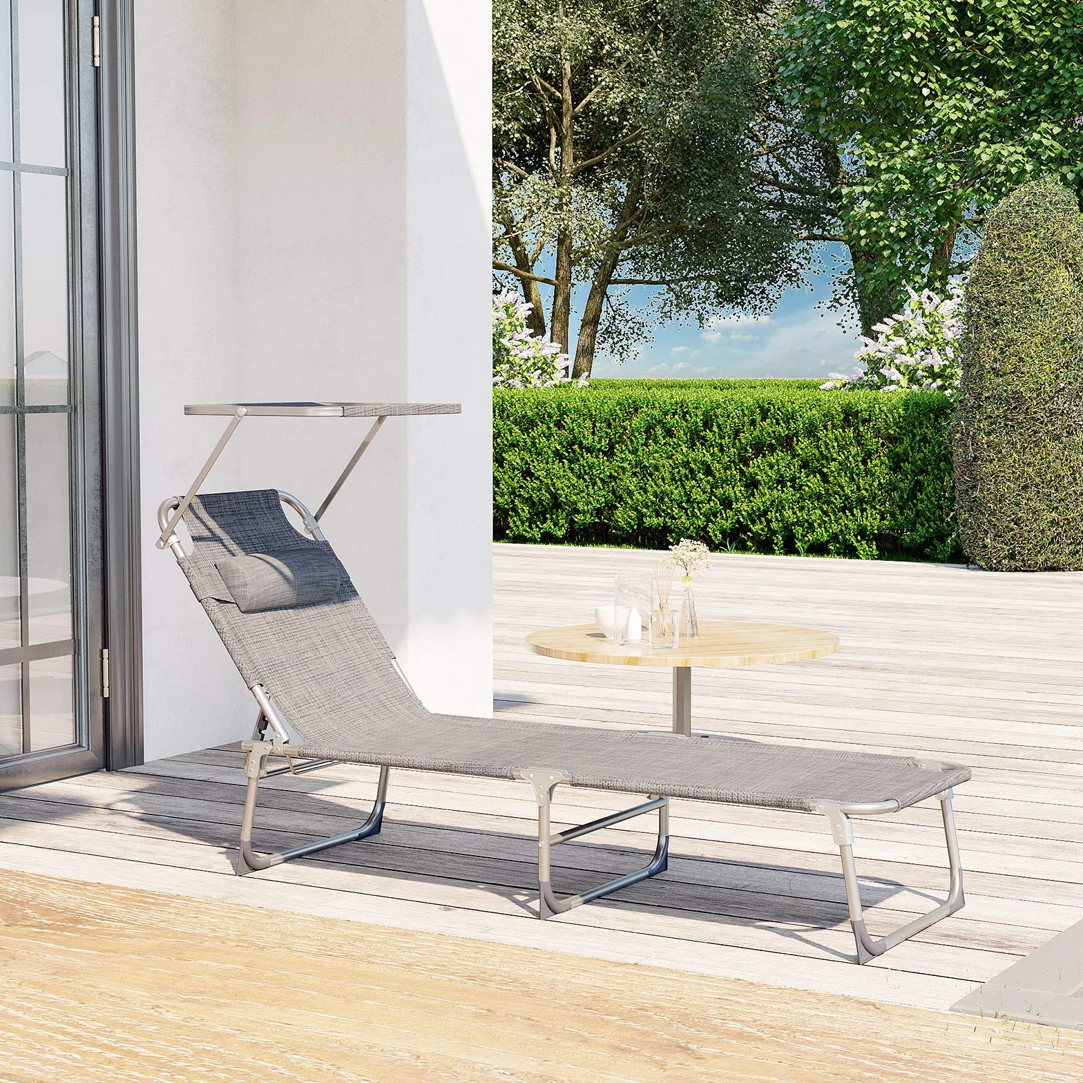 SONGMICS GCB19T składany leżak plażowy, 53 x 193 x 29 cm, obciążenie do 150 kg, ochrona przed słońcem, zagłówek, regulowane oparcie, do ogrodu, na basen, taras, szary melanż, GCB19T