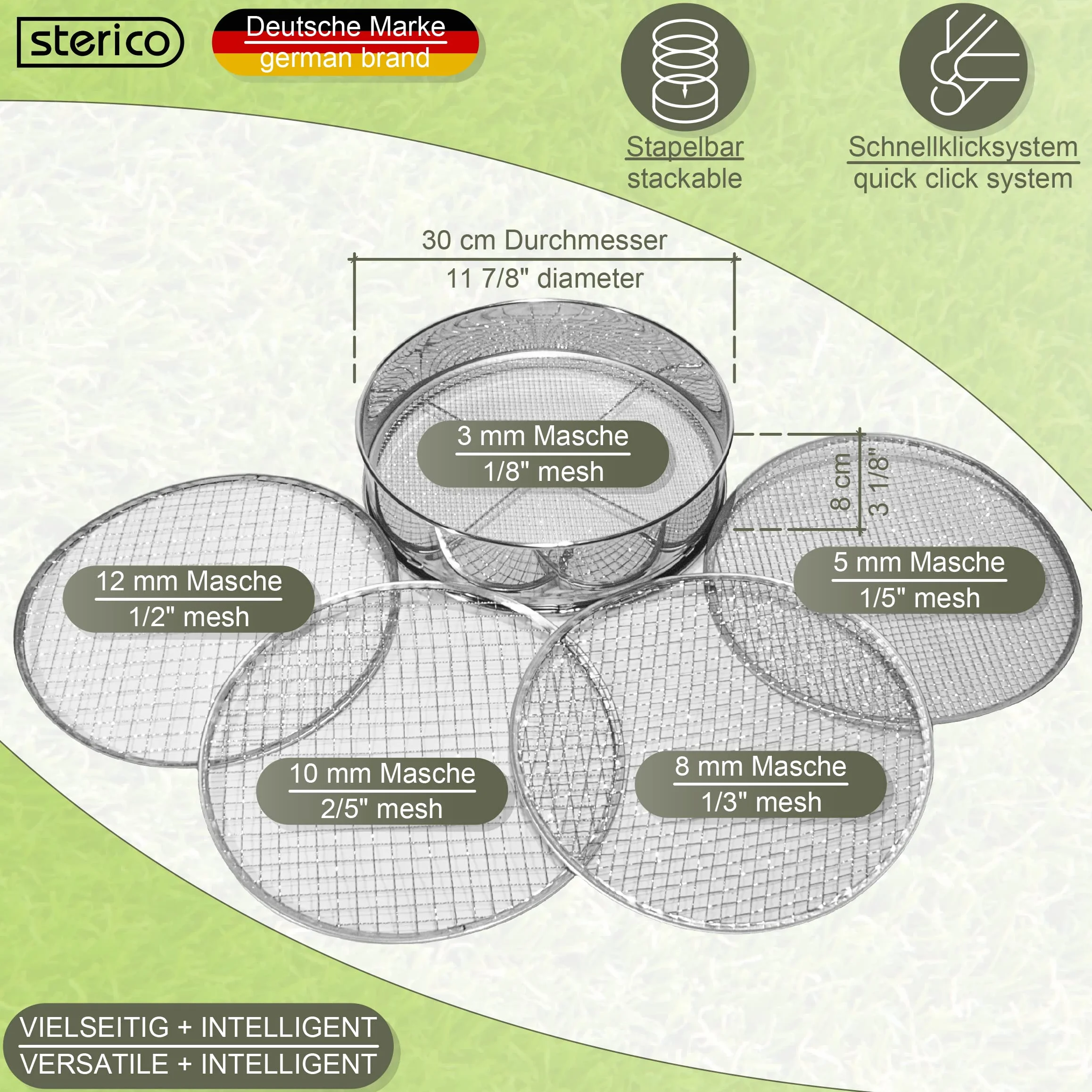 Sitko ogrodowe 5000, 5 w 1, 5 wymiernych sitek Ø 3,5, 8, 10, 12 mm, do ziemi, kamieni, kompostu, chwastów, piasku, żwiru i nasion, 30 cm okrągłe, metalowe, odporne na rdzę