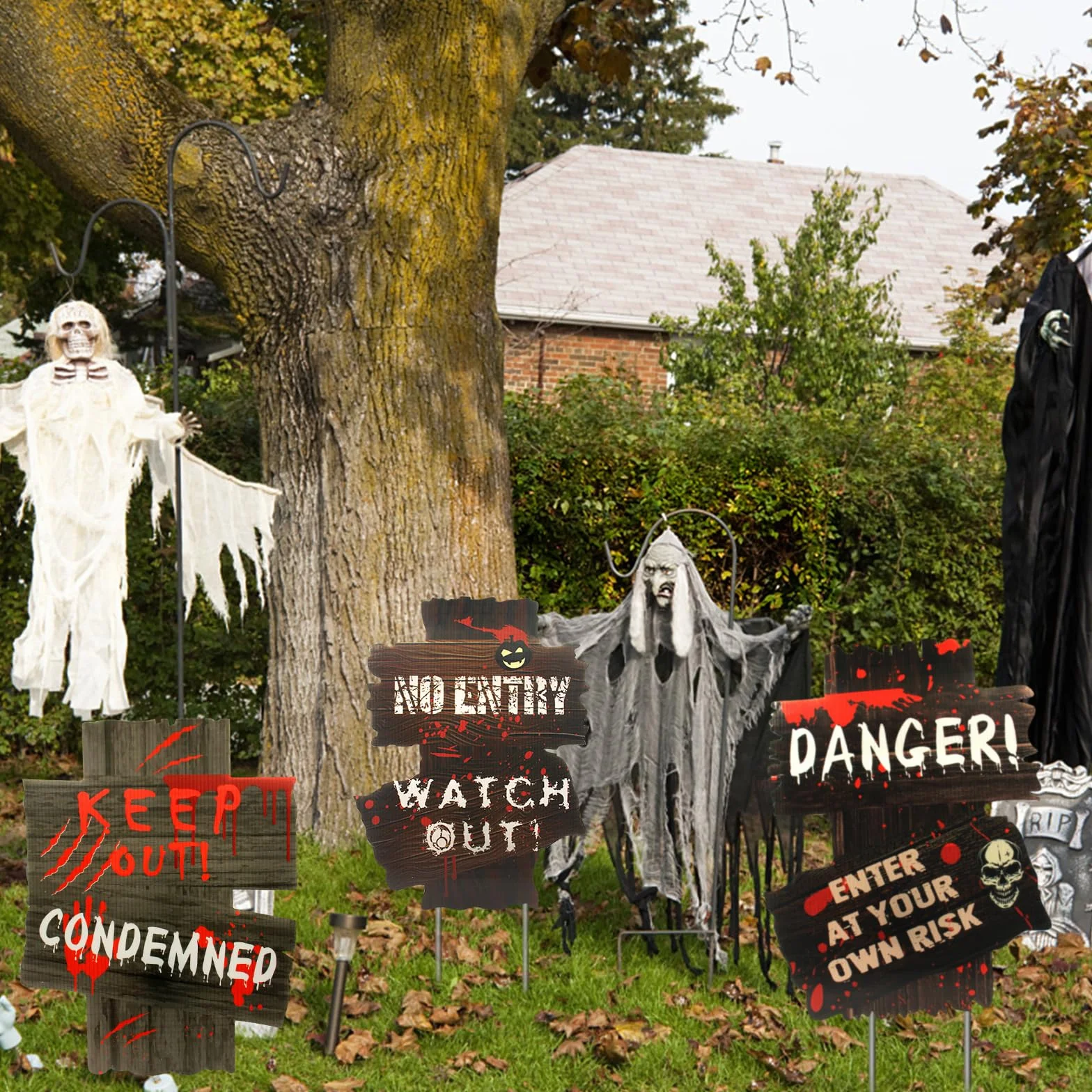Znaki ostrzegawcze na Halloween 3 sztuki, dekoracje na Halloween z tektury falistej, dekoracje na Halloween, dekoracje na trawnik, cmentarz, dekoracje zewnętrzne, rekwizyty na Halloween