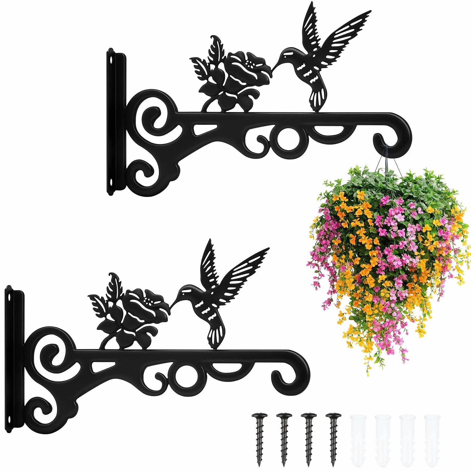 Zocipro Zestaw 2 metalowych wieszaków na rośliny, 25 cm, solidne żelazne haczyki ścienne do doniczek, dekoracja ogrodu, światła, domy dla ptaków i dzwonków wiatrowych, czarny