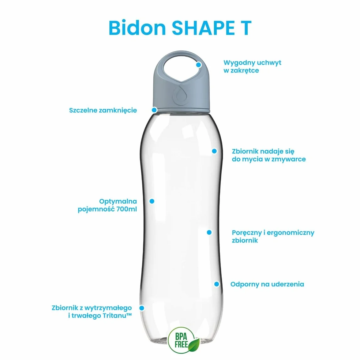 DAFI Bidon Shape T 0,7 l Stalowy - Tritan Bez BPA - Ergonomiczny, Idealny do Wody i innych Napojów - Trwały, Łatwy do Czyszczenia - Do Szkoły, Pracy, Siłowni, Wycieczek - Wyprodukowano w Polsce
