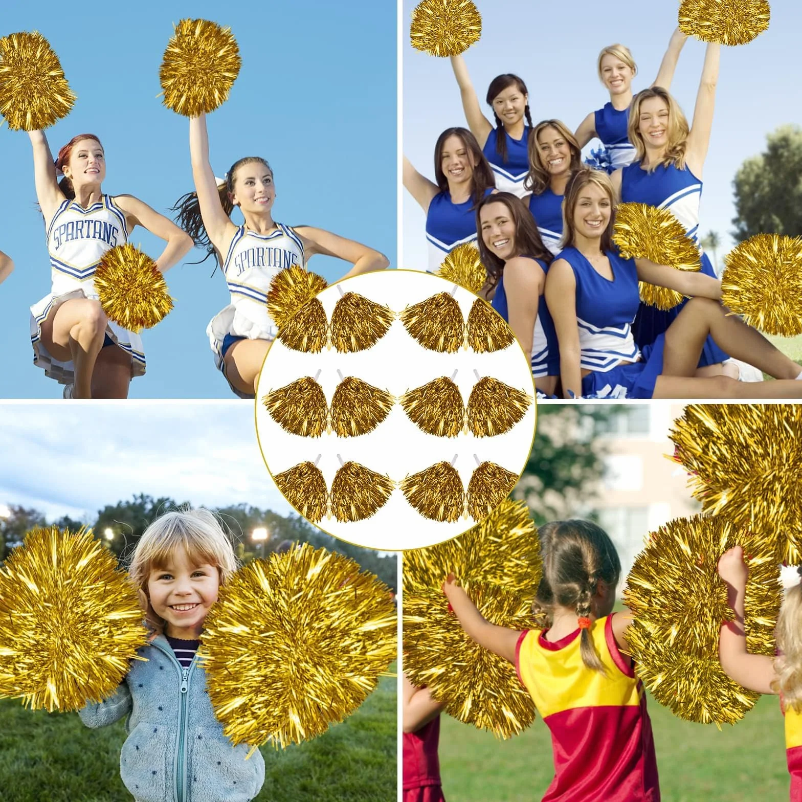 12 sztuk cheerleaderek, pompompon dla dziewcząt, pompompon dla dziewcząt, może być używany do tańca, cheerleaderek, wielokolorowe pompki, dla dzieci i dorosłych, na imprezę kostiumową (złote)