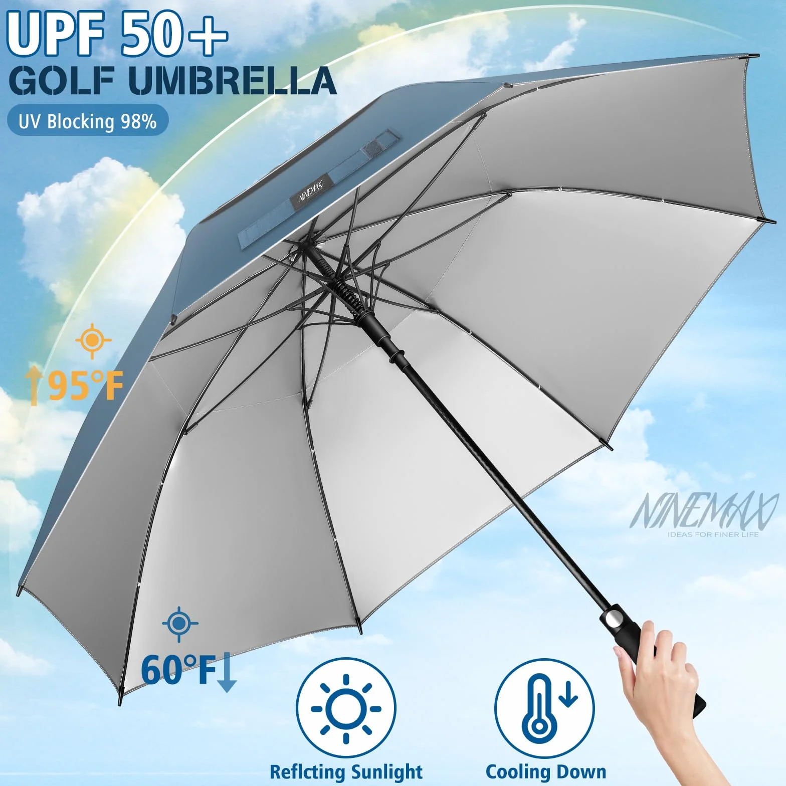 NINEMAX Parasol golfowy 156/175 cm UV Ochrona XL/XXL Wiatroszczelny Automatyczne Otwieranie