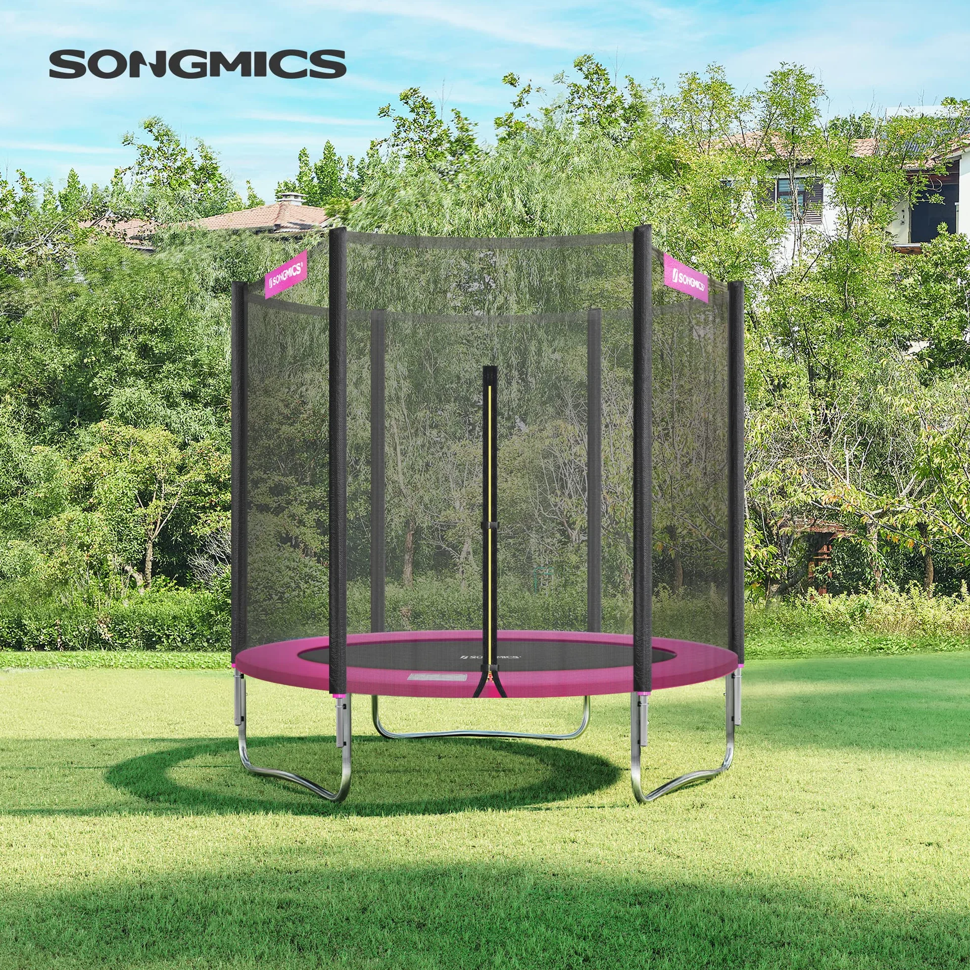 SONGMICS trampolina zewnętrzna, trampolina ogrodowa Ø 183 cm, z siatką zabezpieczającą, osłoną zabezpieczającą, nośność do 100 kg, do ogrodu, różowa STR061P01