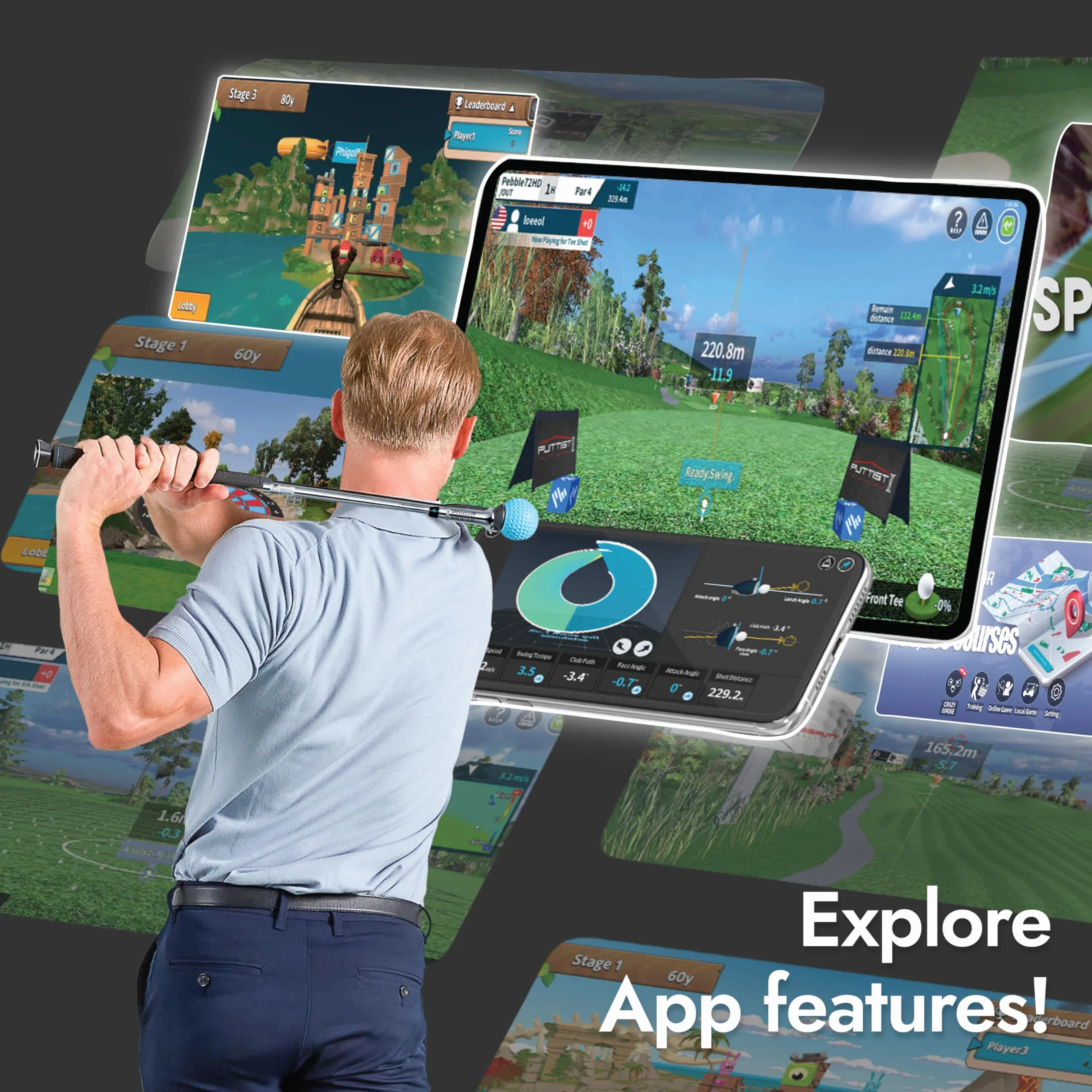 PHIGOLF Phigolf2 Symulator golfa z kijem huśtawkowym do użytku wewnątrz i na zewnątrz, trenażer huśtawek golfowych z ulepszonym czujnikiem ruchu i analizą huśtawek 3D, kompatybilna z aplikacją WGT/E6 Connect, współpracuje ze smartfonami